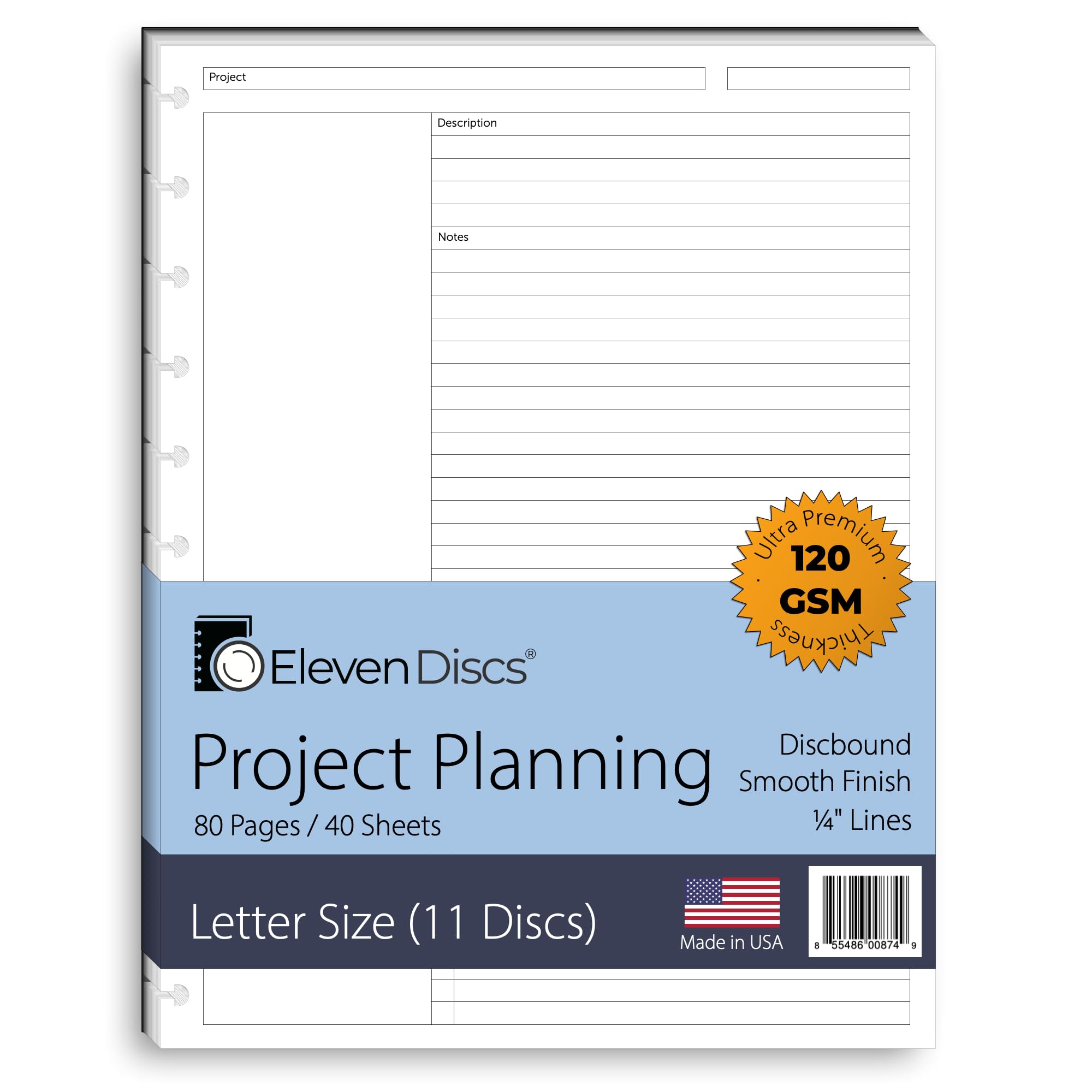 Eleven Discs Discbound Paper, Letter Size Project Planning Sheets - Premium 120Gsm Heavyweight Notebook & Planner Refills - 11 D
