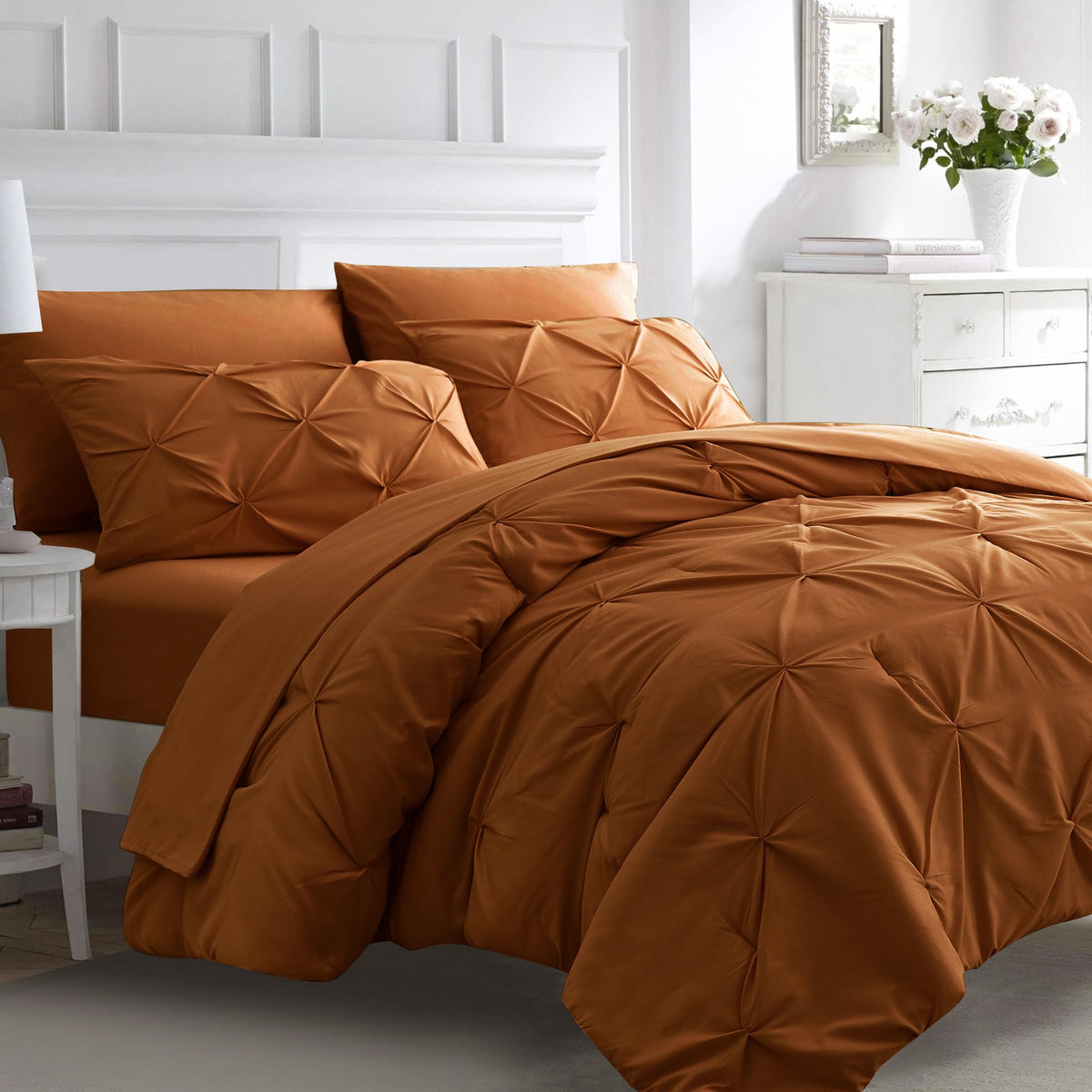 Ubauba 7Pc Burnt Orange Queen Comforter Set, Rust 7 Piece Pintuck Bed In A Bag With Sheets, All Season Pinched Pleat Bedding Com