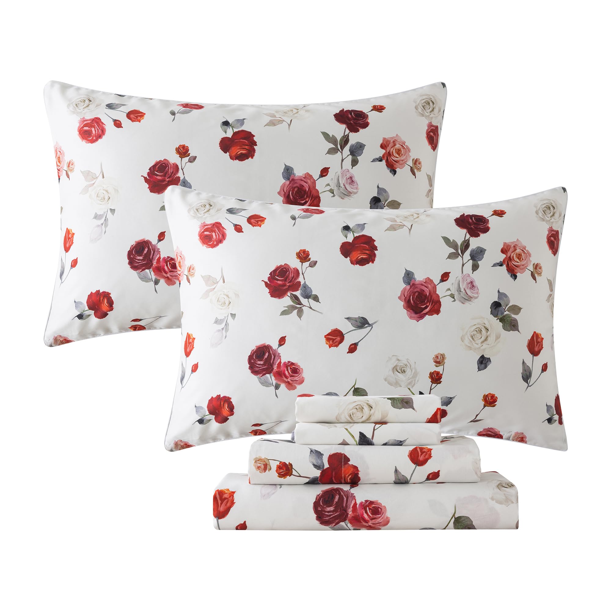FADFAY Rose Sheets Set Full Vintage White Rose Floral Bedding Chic Red Rose Bed Sheets Shabby Farmhouse Bedding 100% Percale Egy
