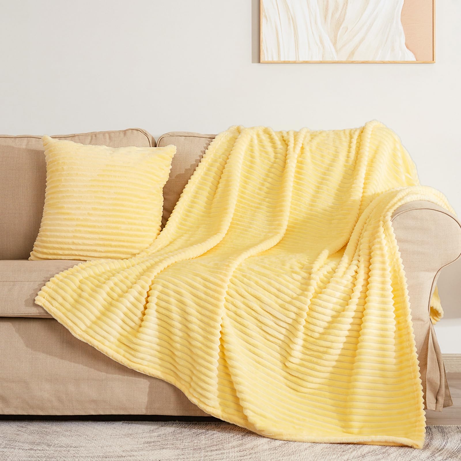 Vessia Flannel Throw Blanket With Pillow Cover For Couch,Sofa,Bed, 300Gsm Striped Light Yellow Blanket Throw For Adults, Super S