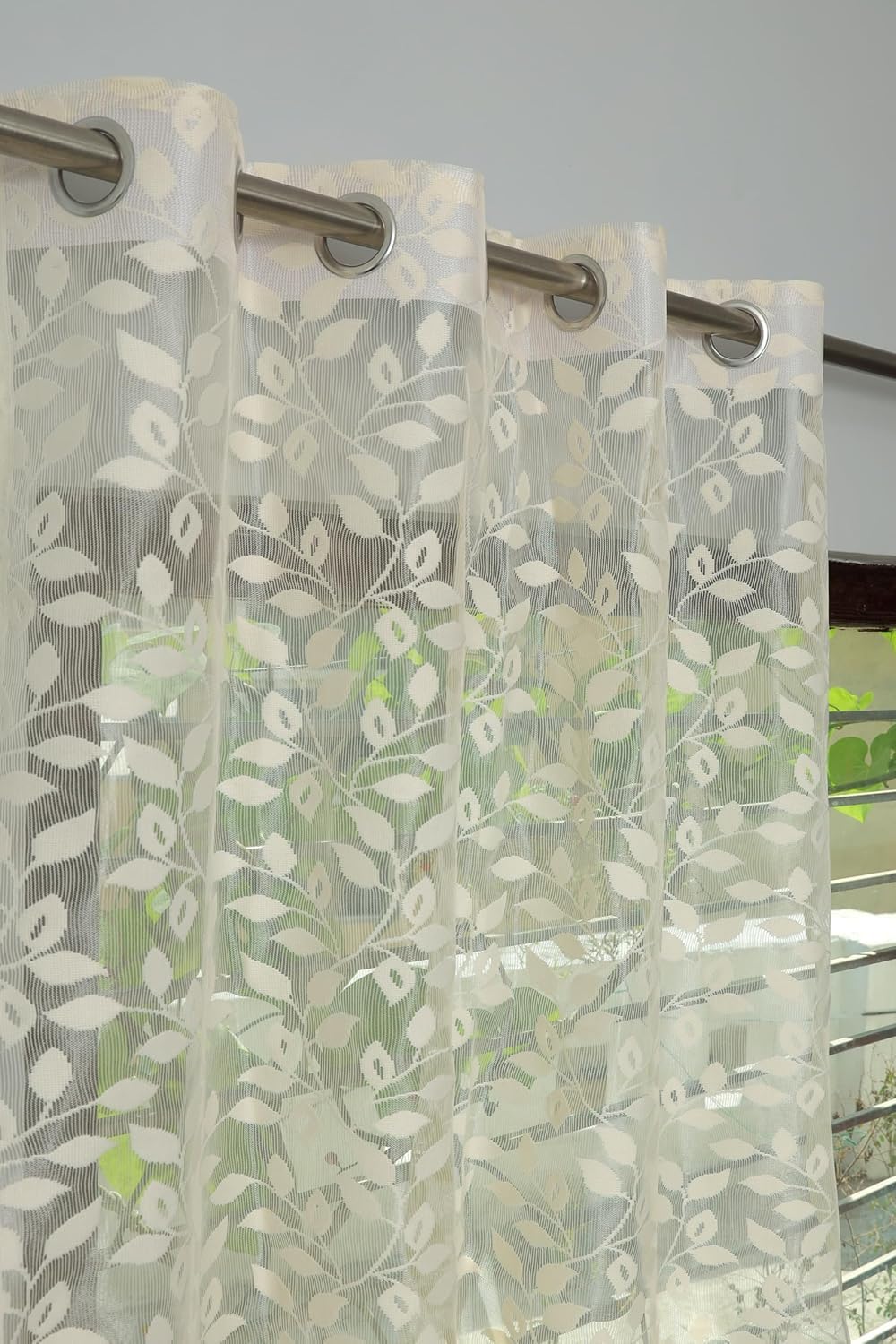 Fabrilia Leaf Net Semi Transparent Window Semi Sheer Grommet Curtains 5 Feet Set of 2, Cream