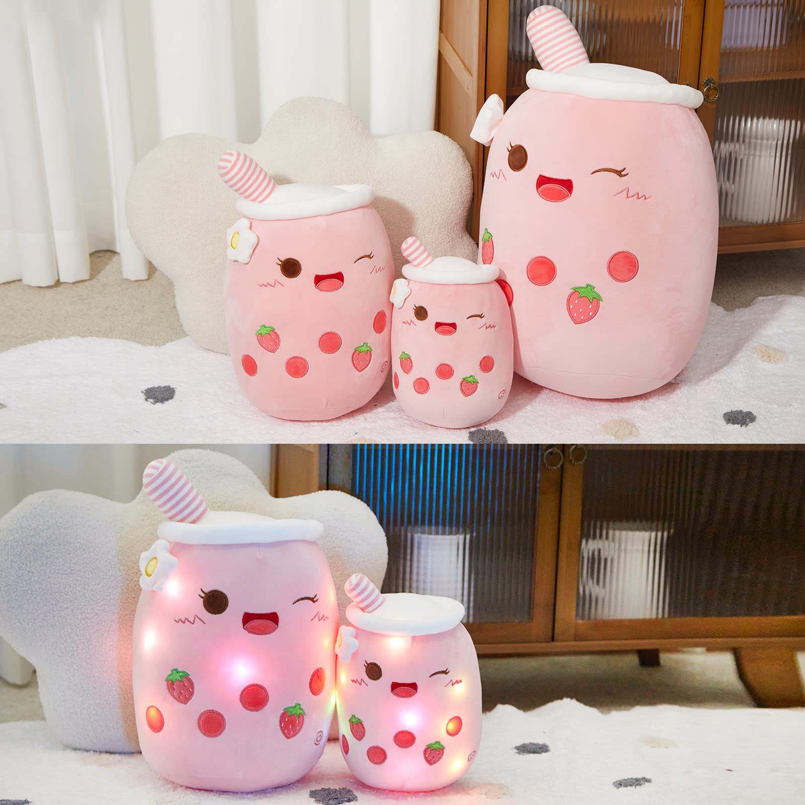 Athoinsu Light Up Strawberry Milky Tea Plush Pillow 15' Kawaii Stuffed Bubble Animal Toy With Led Lights Birthday Christmas Hol