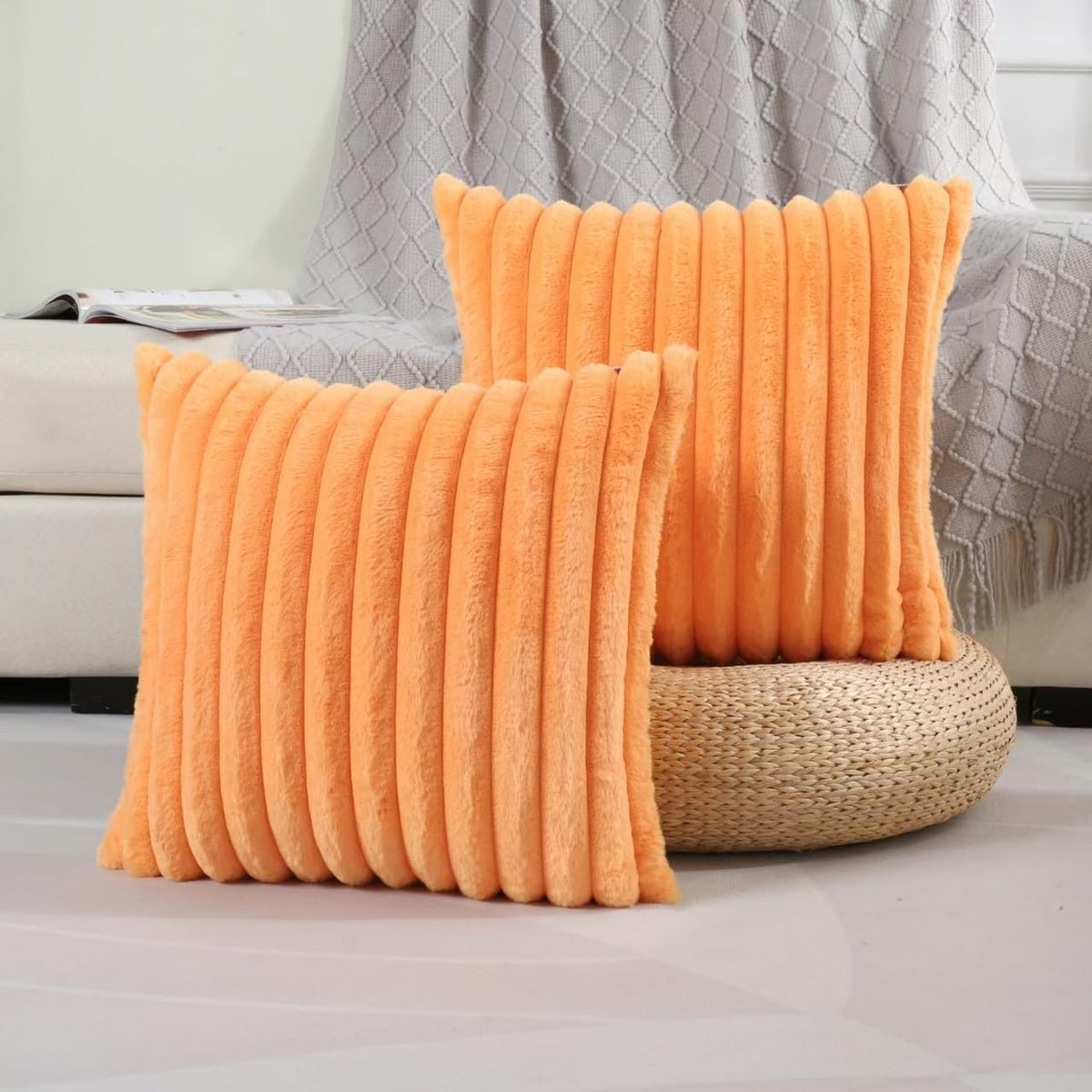 Futei Orange Striped Decorative Throw Pillow Covers 20X20 Inch Set Of 2,Square Spring Decorations Couch Pillow Case,Soft Cozy Fa