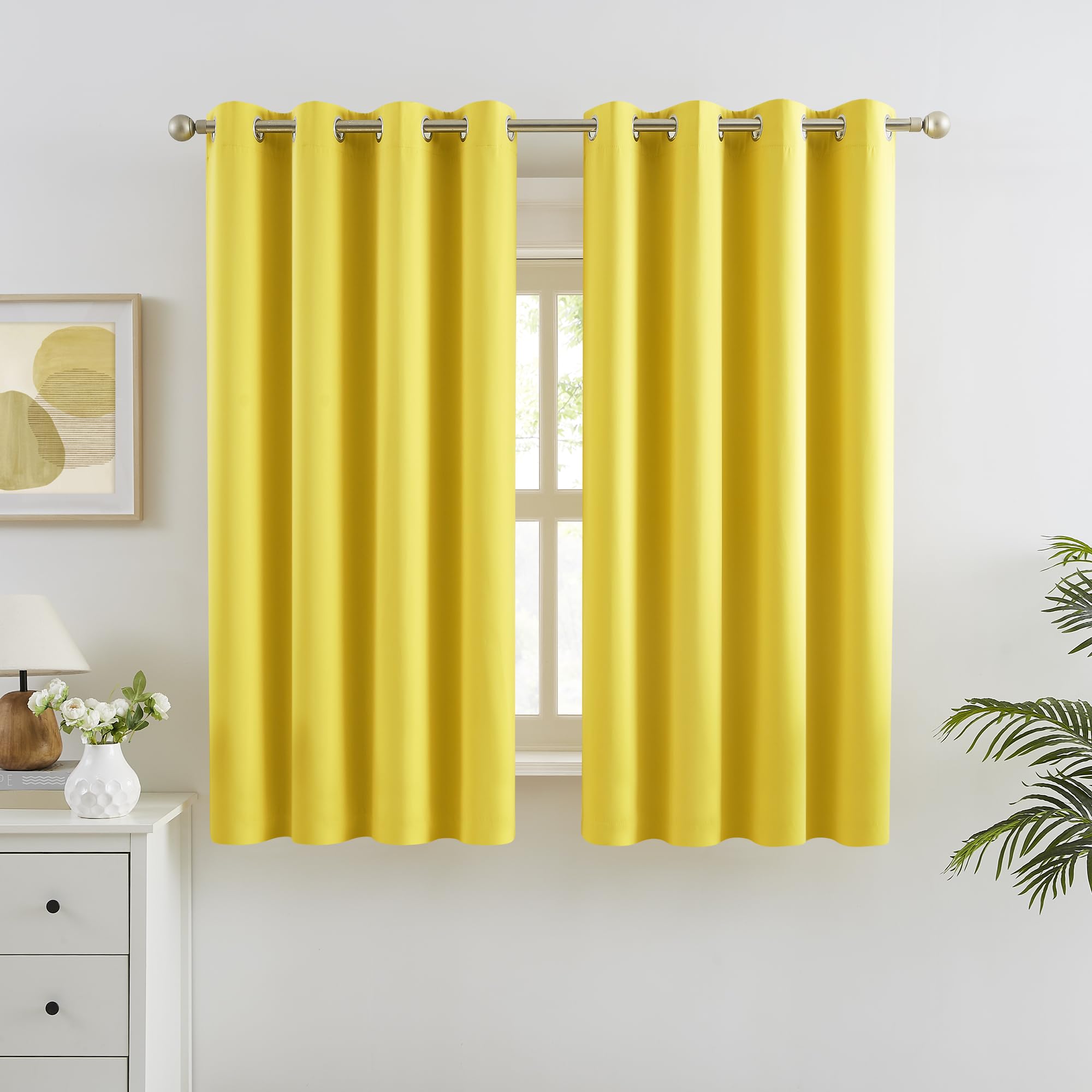 Dualife Yellow Blackout Curtains - Room Darkening Curtain Drapes Grommet Thermal Insulated Small Window Curtains For Kids Bedroo