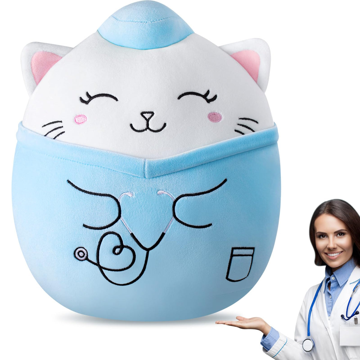 Jenaai 12 Inches Nurse Cat Stuffed Animals Cat Plush Kitty Stuffed Animal Nurse Gift For Women(Blue)