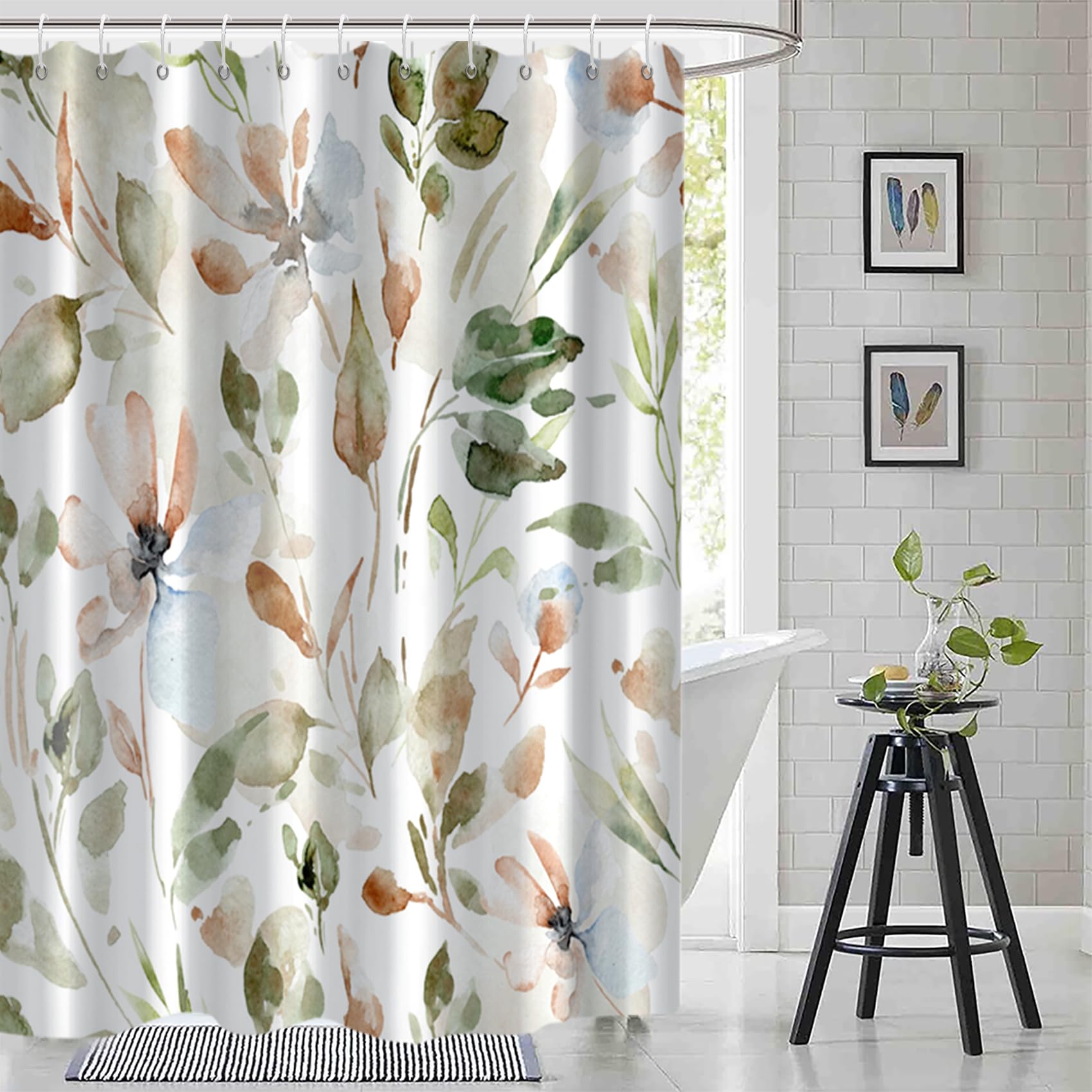 Ruelvth Floral Shower Curtain, Spring Sage Green and Pink Flower Shower Curtain for Bathroom Watercolor Botanical Shower Curtain