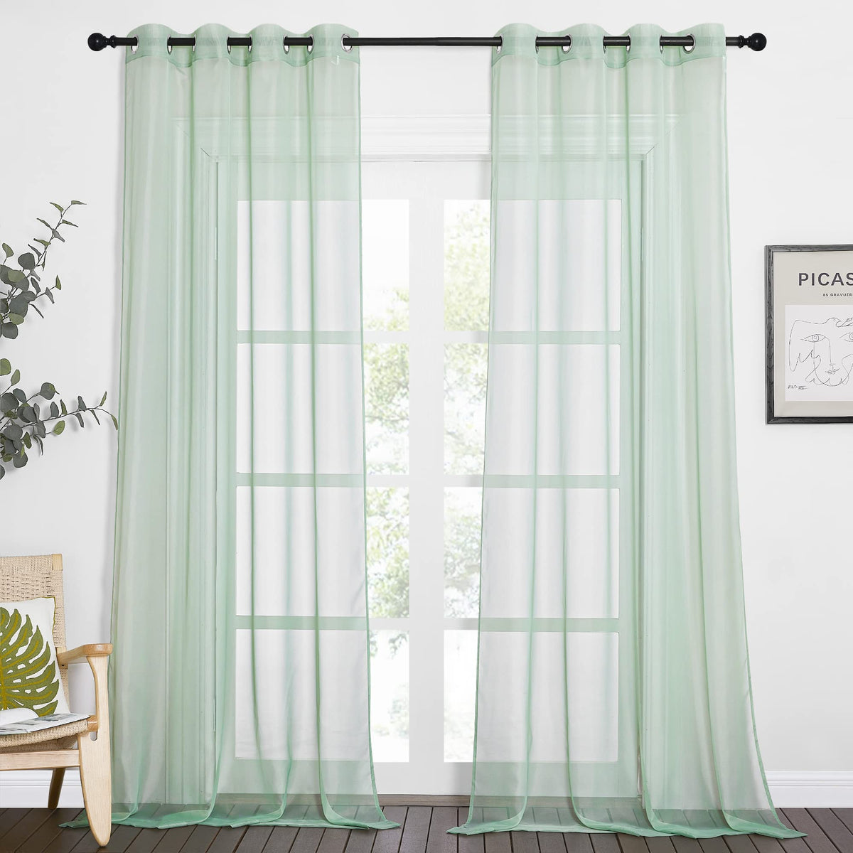 Nicetown Sheer Sage Green Curtains For Bedroom 108 Inches Length, Grommet Airy & Breathable Soft Voile Sheer Window Treatment Wi