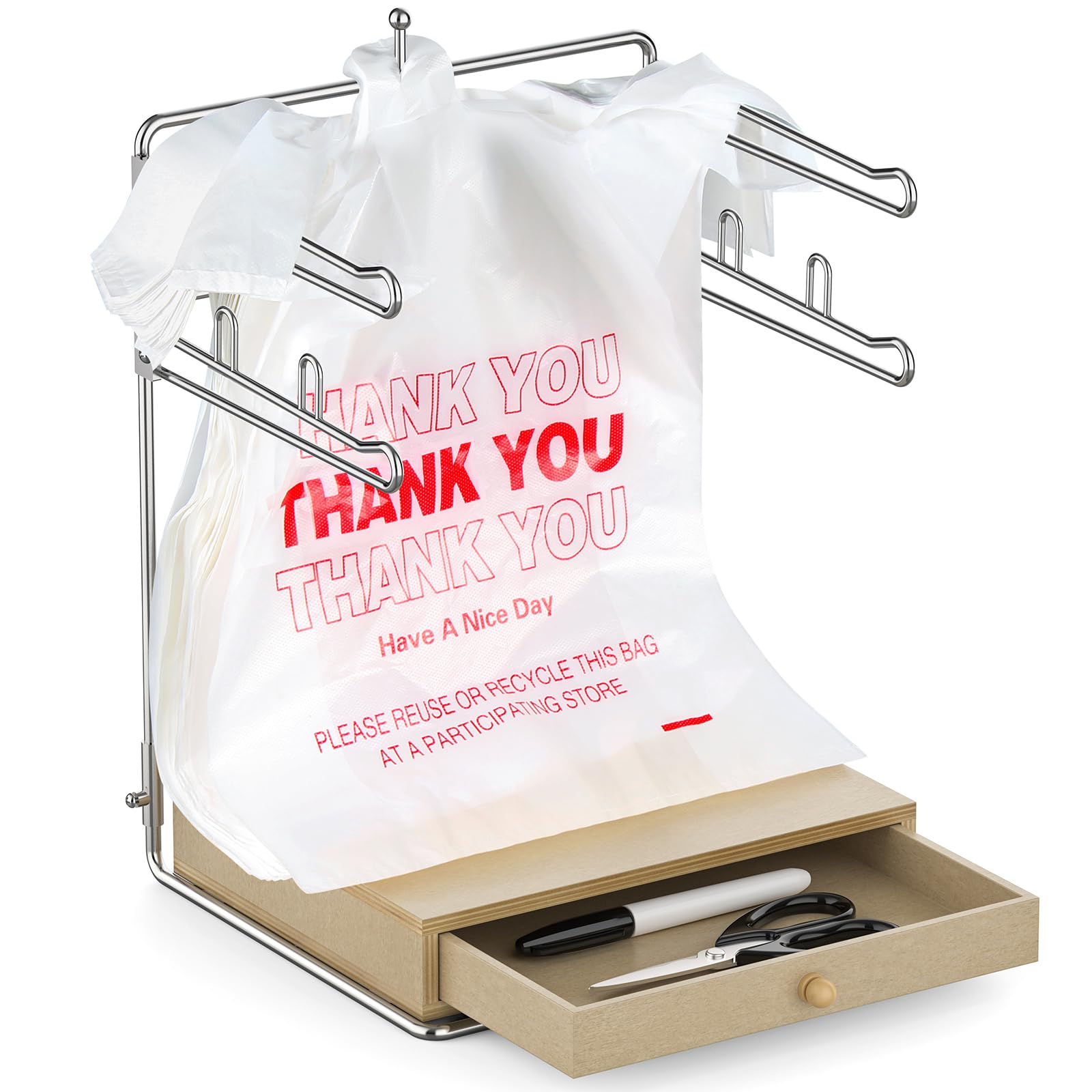 Gigiftree Plastic Grocery Bag Holder, Chrome T-Shirt Bag Rack, Plastic Bag Organizer With Wooden Drawers Base For Grocery Store,