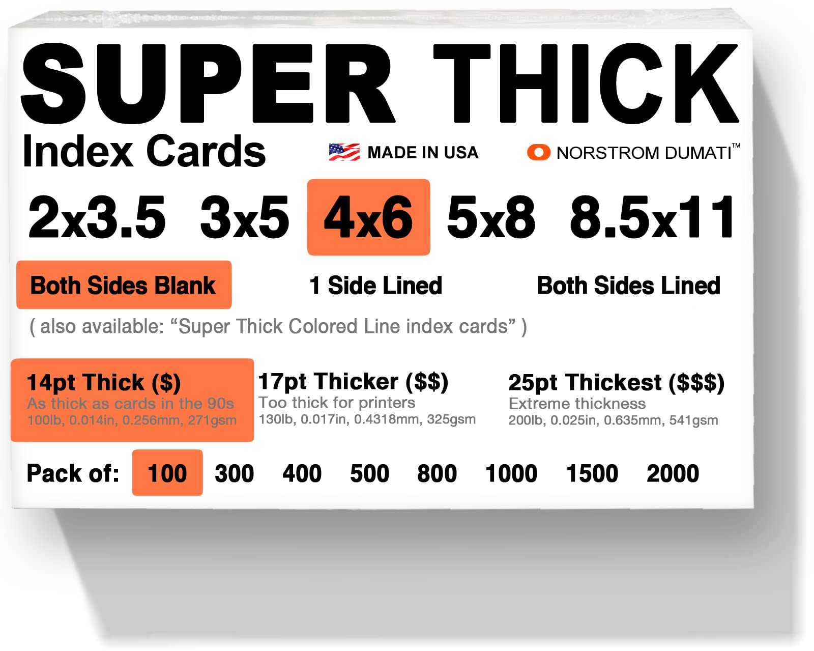 100 Super Thick Index Cards/ 4'X6' / 14Pt (0.014') 100Lb / Blank Un-Ruled/Archival Acid-Free