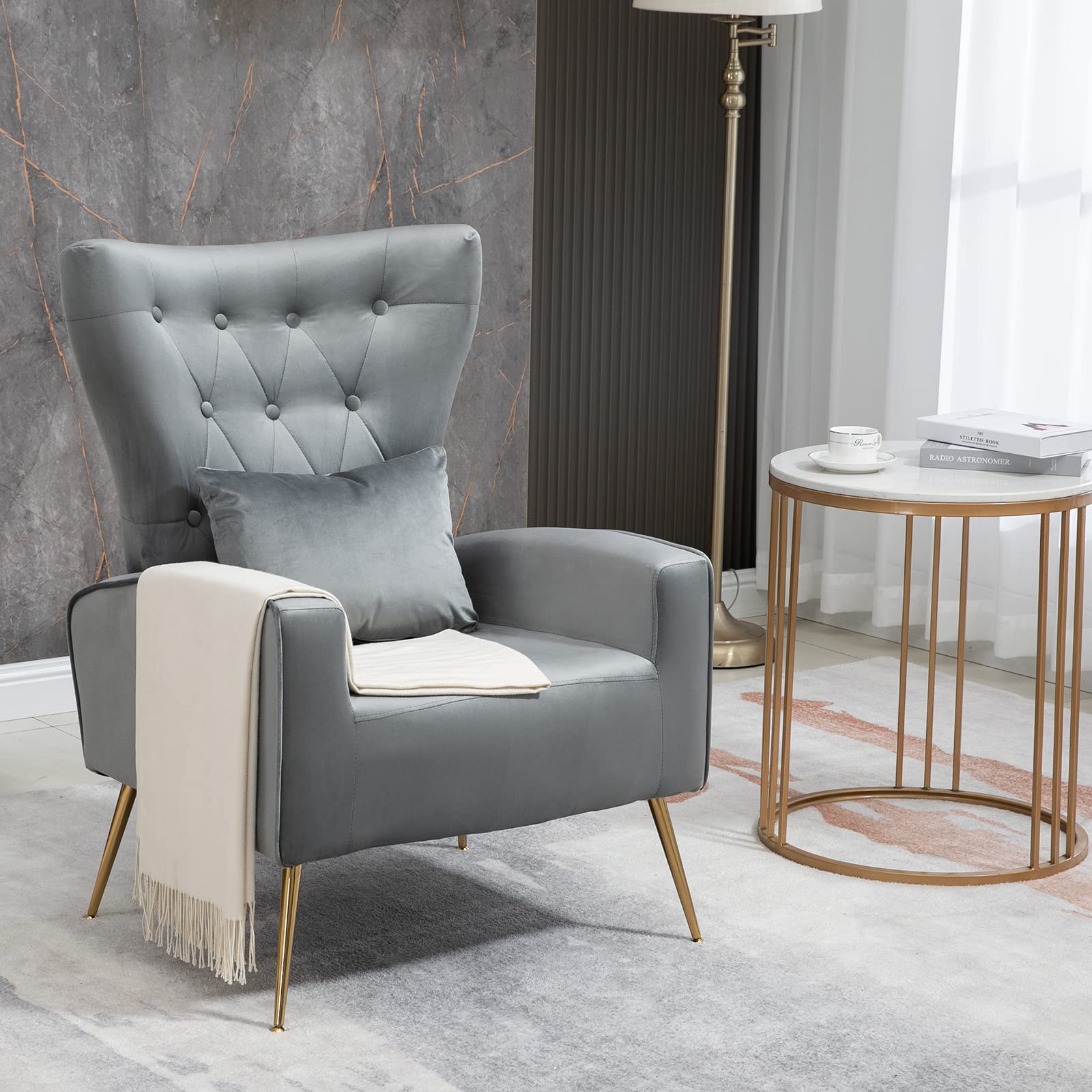 ZJhome Button- Tufted Living Room Chairs, WingBack Velvet Accent Chair Armchair with Lumbar Pillow, Bedroom Chairs Arm Chair wit