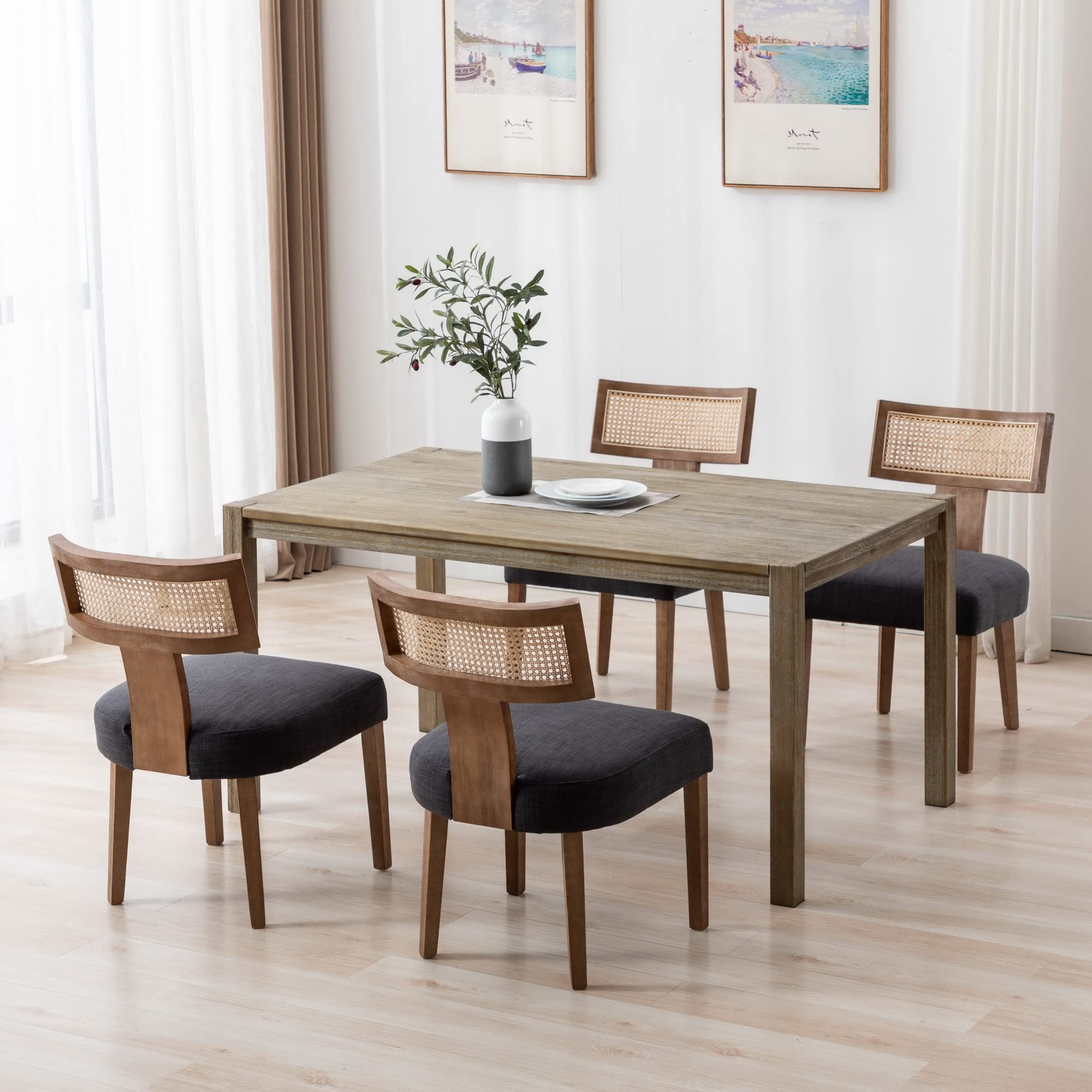 Rivova Rattan Dining Chairs Set Of 4, Modern Dining Chairs, Kitchen Dining Room Chairs, Curved Cane Back Upholstered Linen Fabri