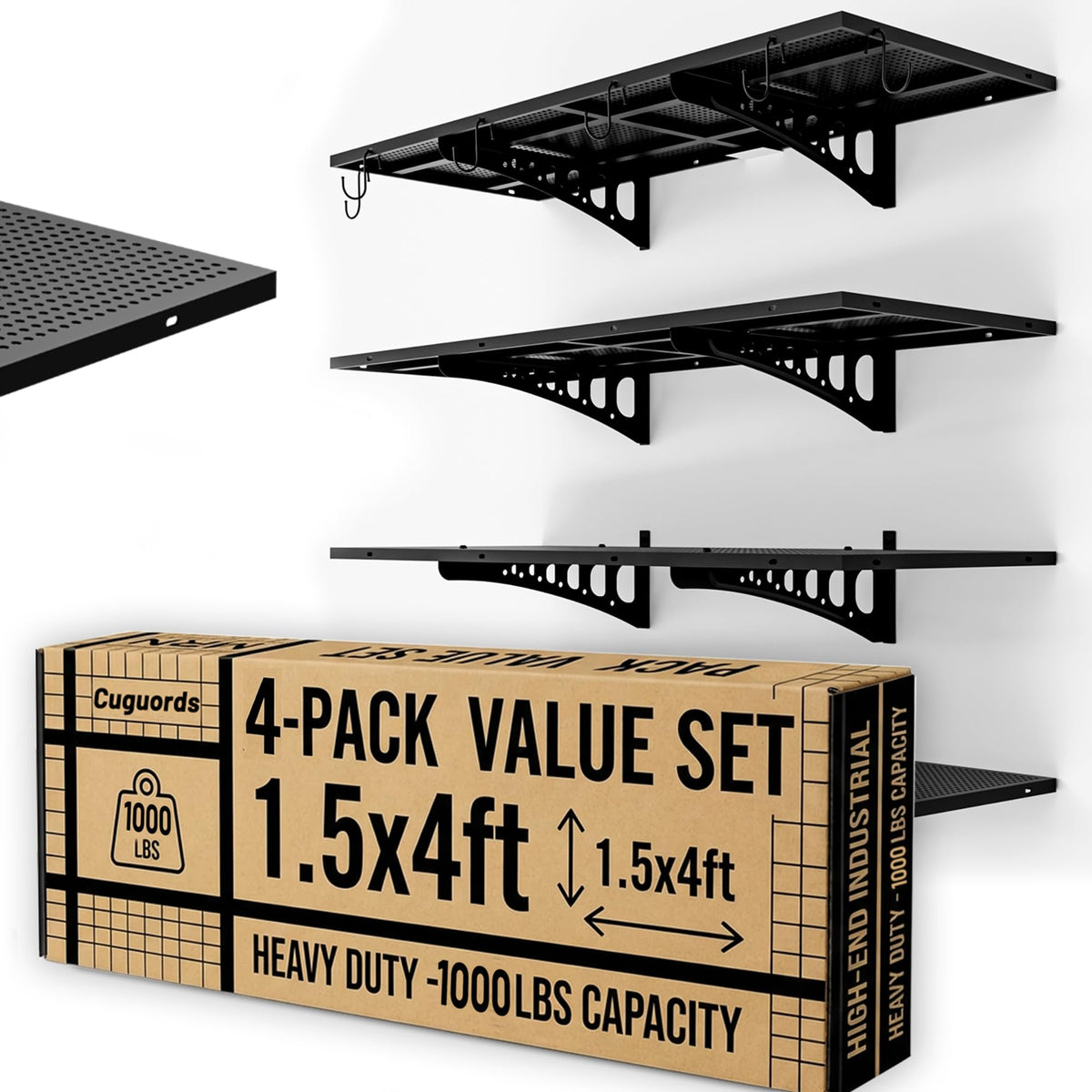 Cuguords 4Pack 1.5x4ft Wall Storage Shelves, 1000 Lbs Garage Wall Shelf, Heavy Duty Floating Tool Rack with Complete Install Ki