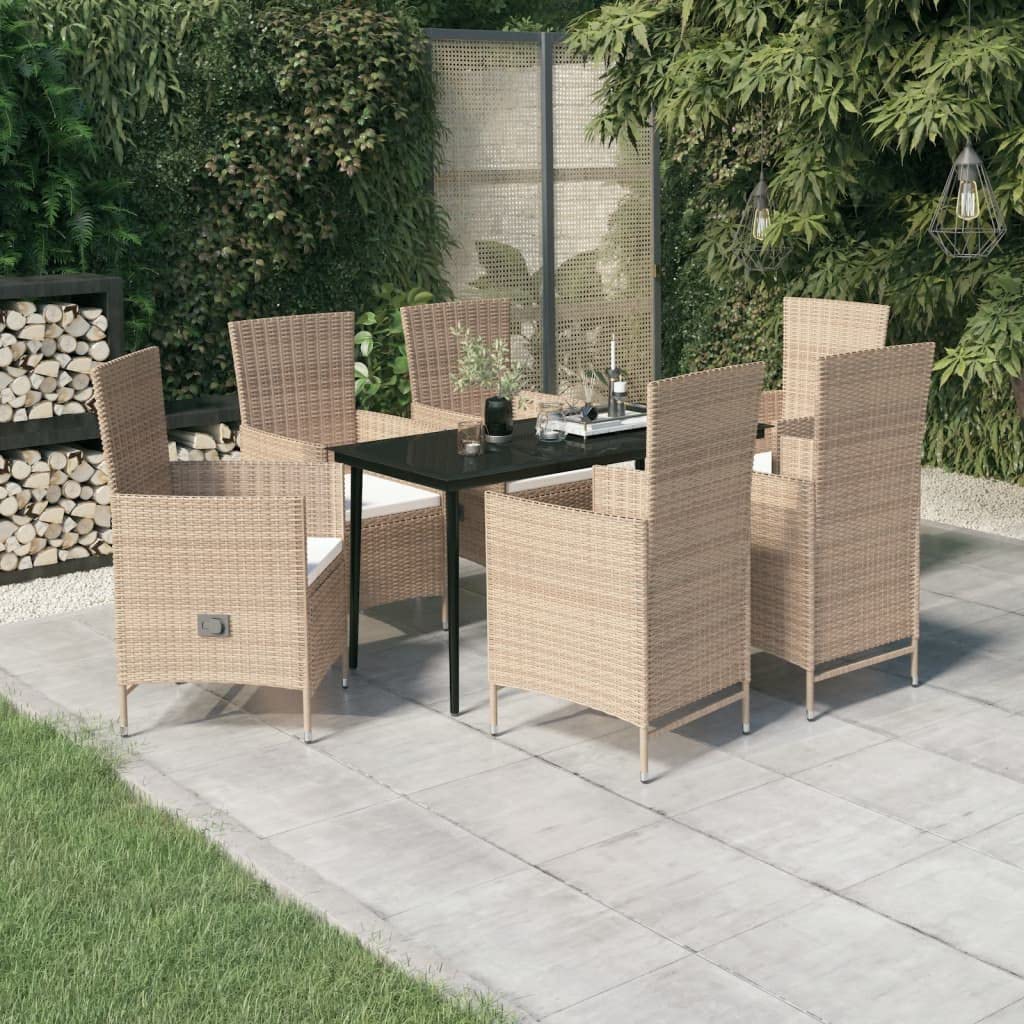 vidaXL 7-Piece Patio Dining Set with Reclining Chairs & Cushions - Beige PE Rattan Outdoor Furniture with Glass Tabletop