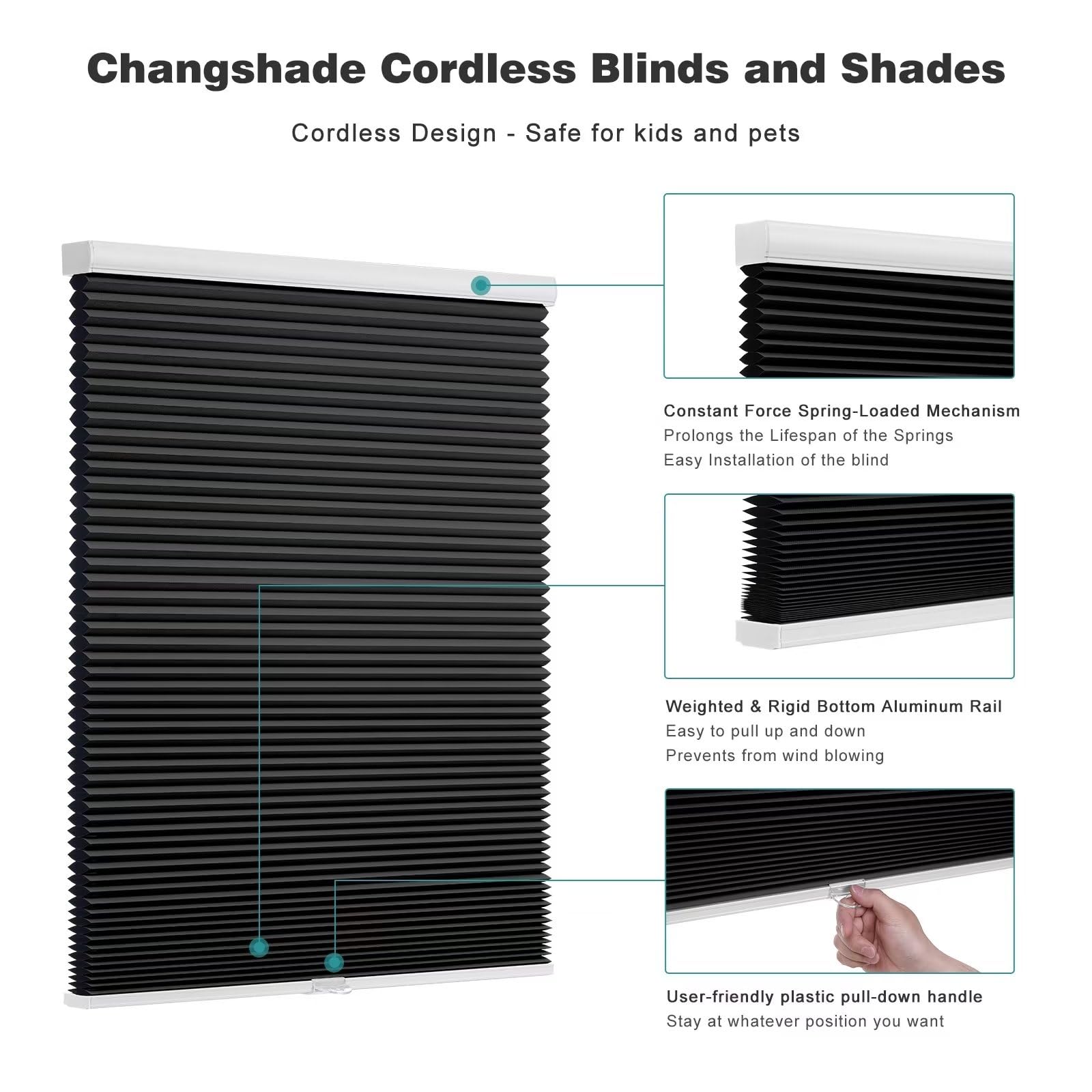 Changshade Cordless Blackout Customized Cellular Shade, Honeycomb Shade With The Diameter Of 1.5 Inch Honeycombs, Room Darkening