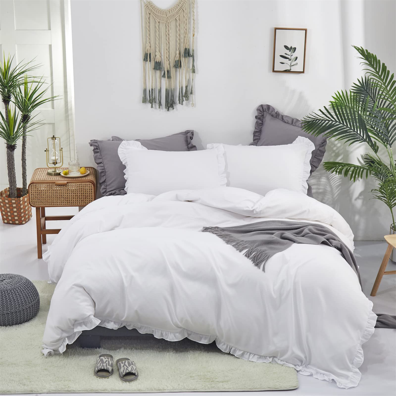 Luxlovery White Ruffle Comforter Set California King Farmhouse Boho Bedding Comforter Set Plain White Shabby Chic Solid Cotton B