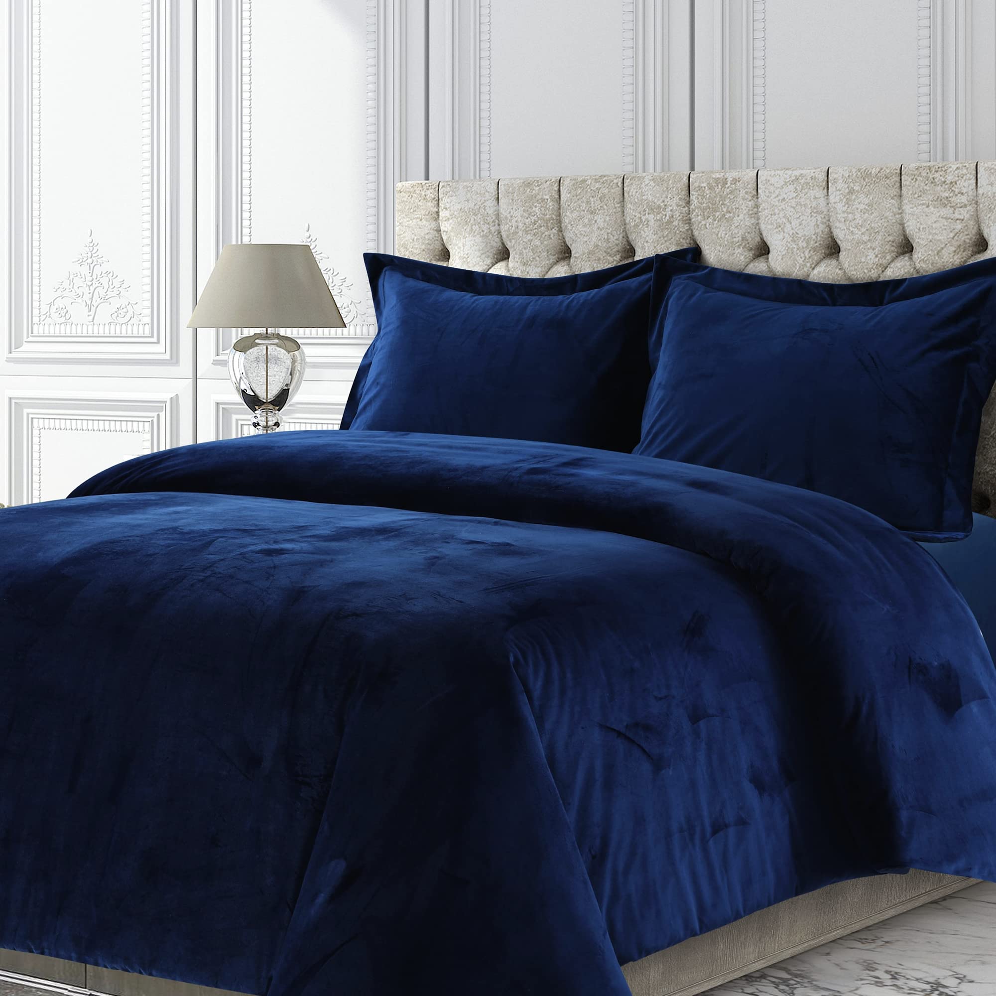 Tribeca Living Veniceduvet Venice Velvet Oversized Solid Duvet Set, Twin, Navy Blue