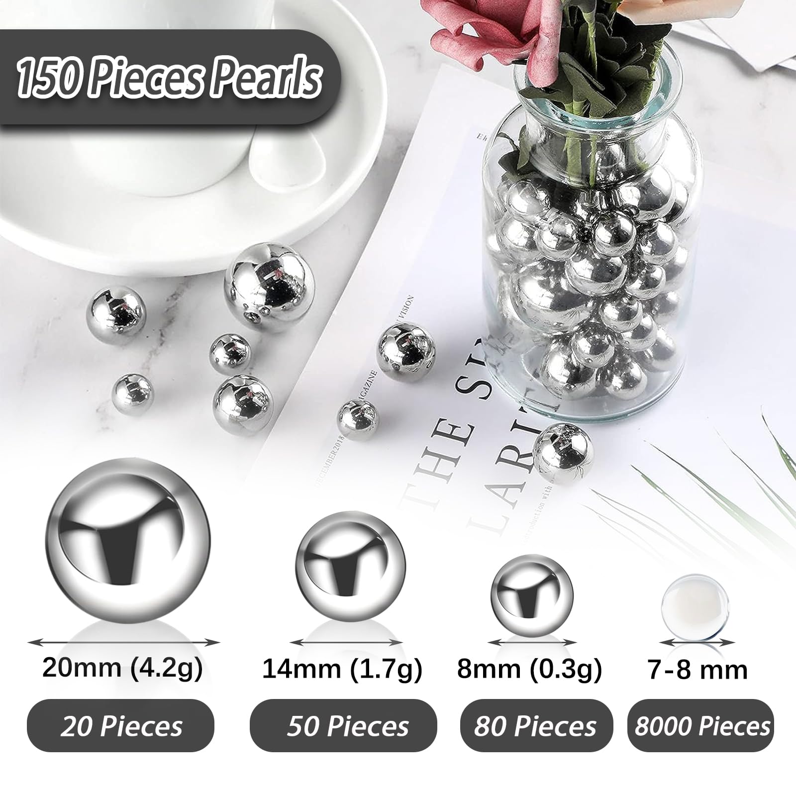 Silver Floating Pearls | 150Pcs Silver Pearls Bead For Centerpieces Vases, Silver No Hole Beads | 8/14/20 Mm Floating Beads | Si