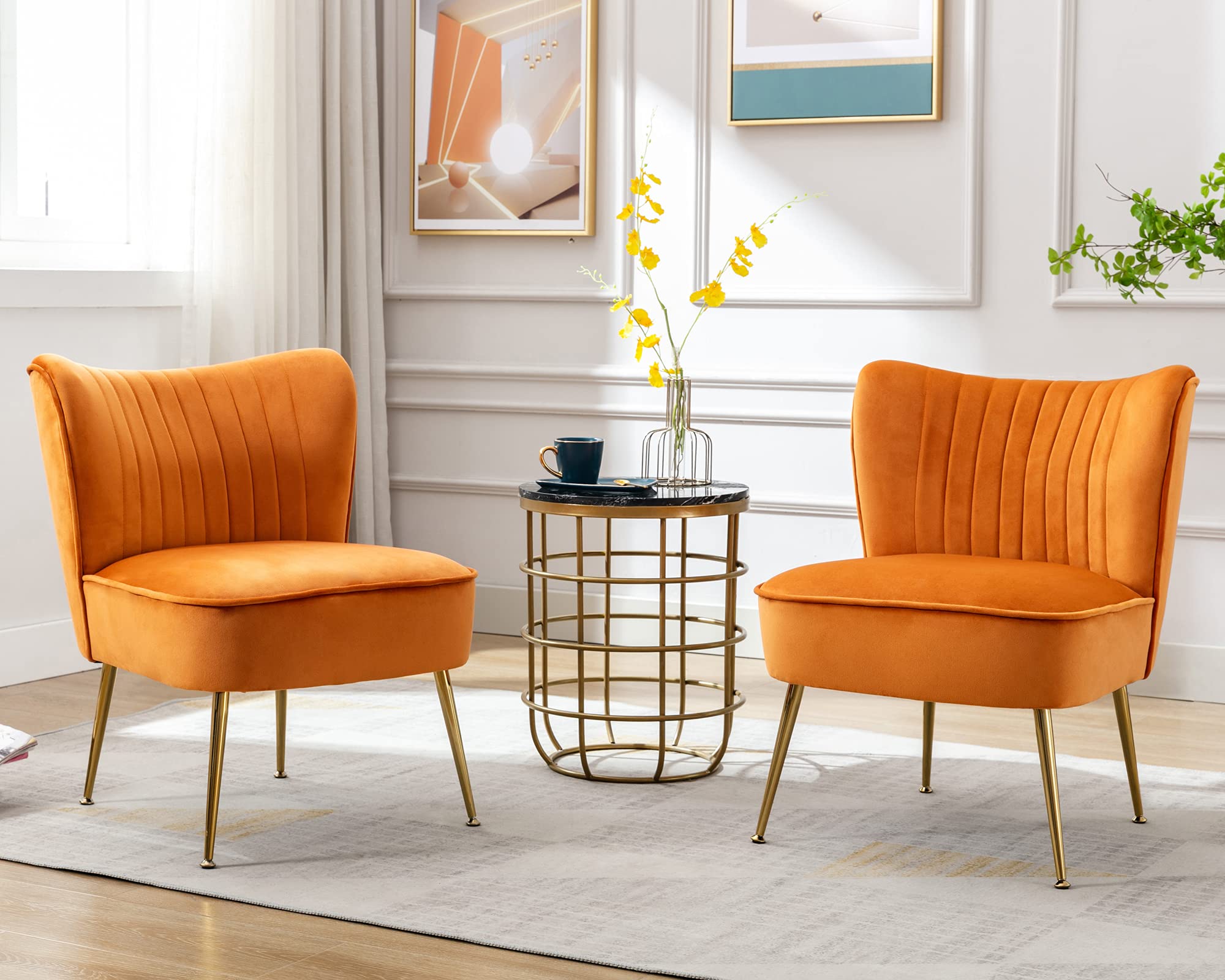 Janoray Velvet Accent Chair Set Of 2 Comfy Living Room Chairs With Golden Legs Wingback For Bedroom Guest Room, Orange