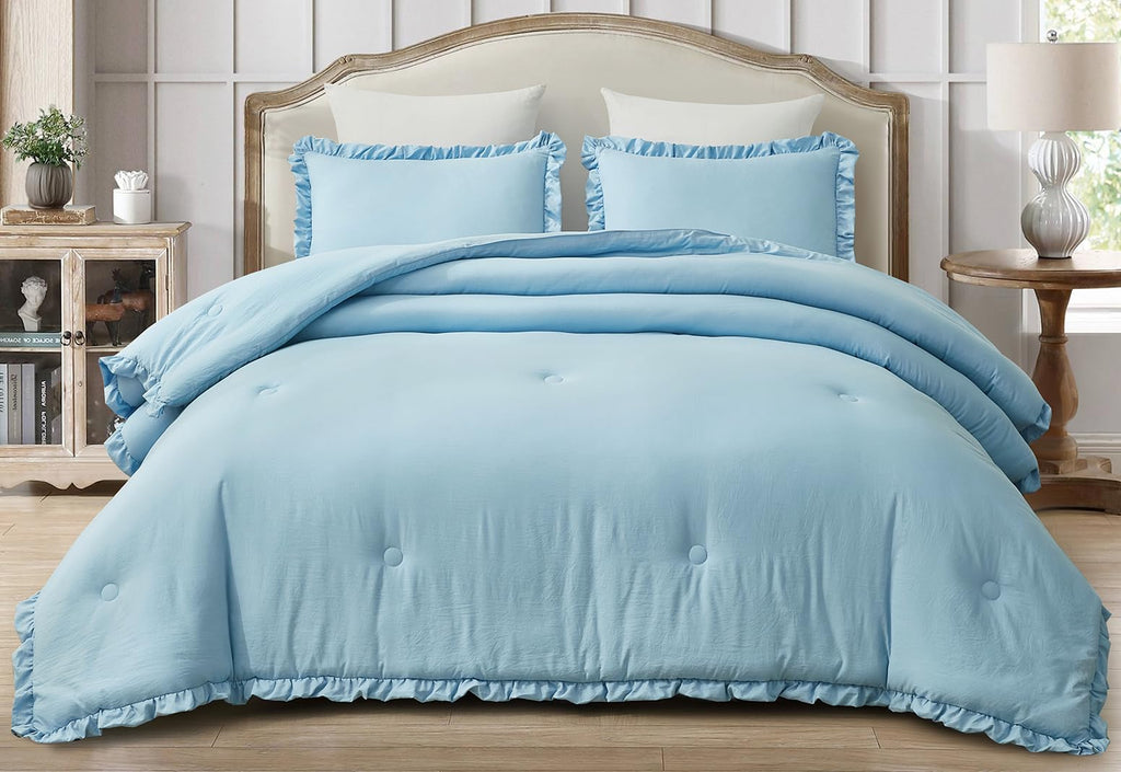 Chezmoi Collection Nora Chambray Blue Comforter Set King Size 3-Piece Fluffy Soft Lightweight Bedding Ruffled Edge Trim Stone-Wa