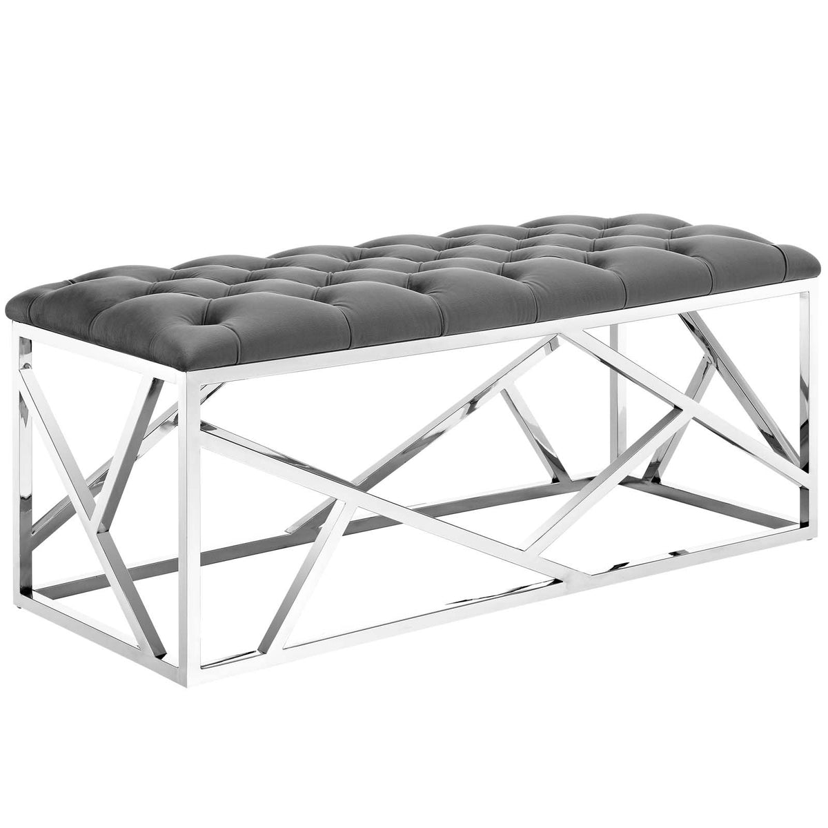 Modway Intersperse Button-Tufted Contemporary Modern With Metallic Frame, Bench, Silver Gray