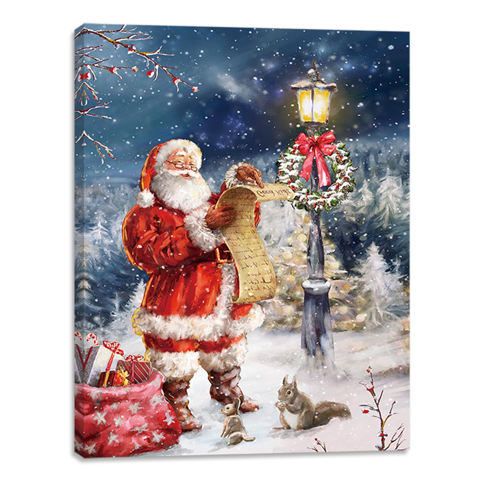 alottagifts Santa Claus Lamp Post Lighted Canvas Wall Art Print With Timer | LED Canvas Wall Art Print Designs | Modern Artwork 