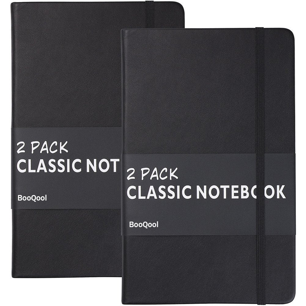2 Pack Classic Ruled Notebooks/Journals - Premium Thick Paper Faux Leather Writing Notebook, Black, Hard Cover, Large, Lined (5.