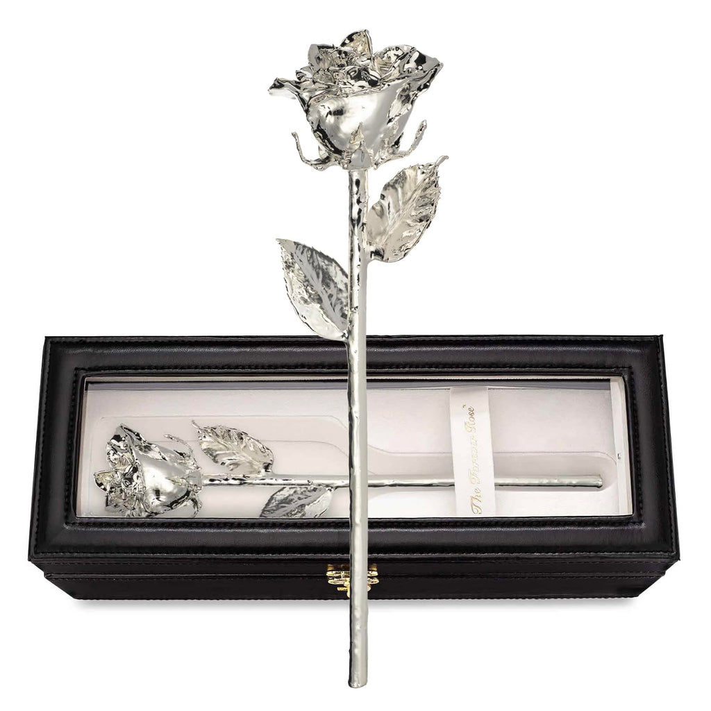 Forever Rose Leather Case Bundle - A Genuine, One Of A Kind, Real Rose Hand Dipped In Silver With Beautiful Leather Case With Le