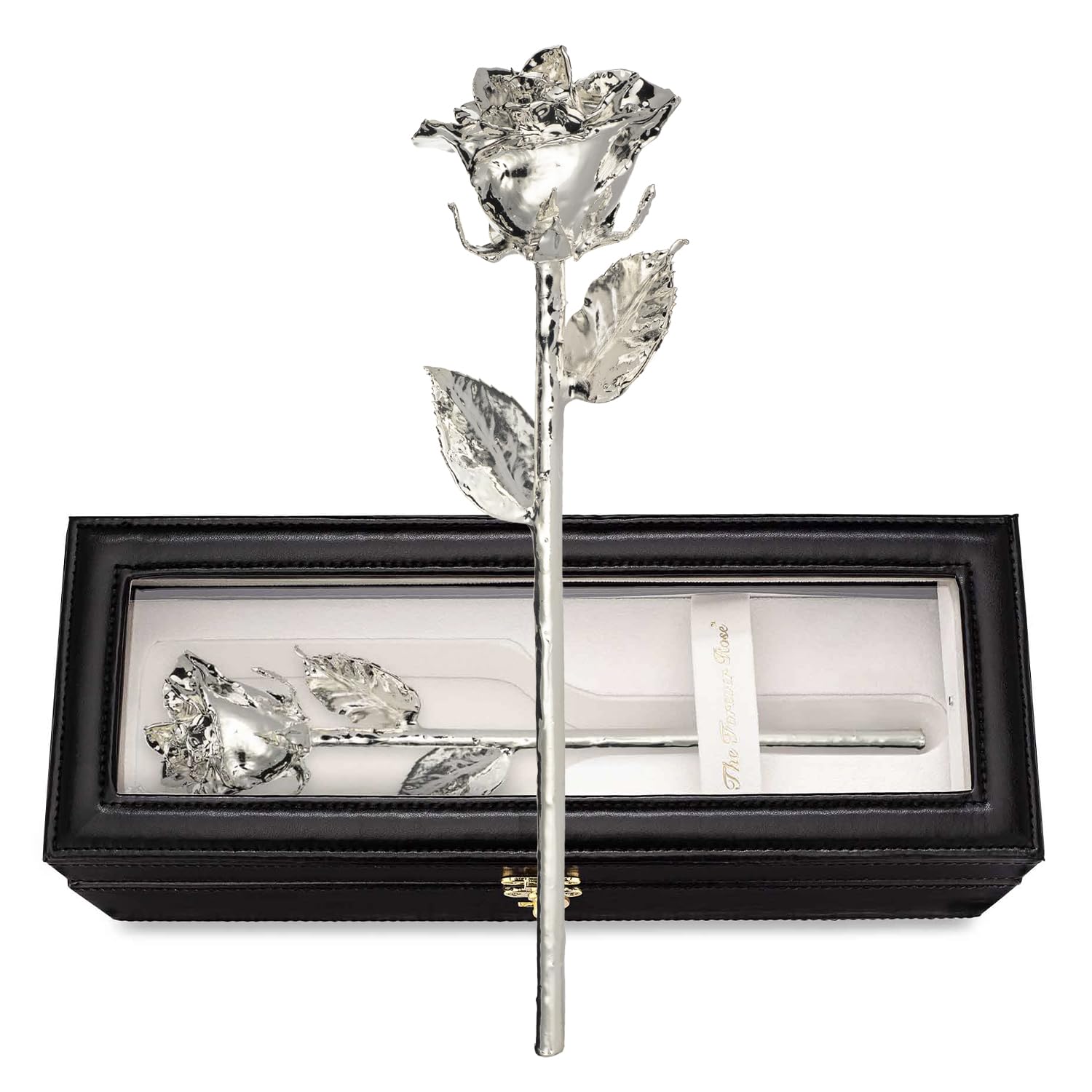 Forever Rose Leather Case Bundle - A Genuine, One Of A Kind, Real Rose Hand Dipped In Silver With Beautiful Leather Case With Le