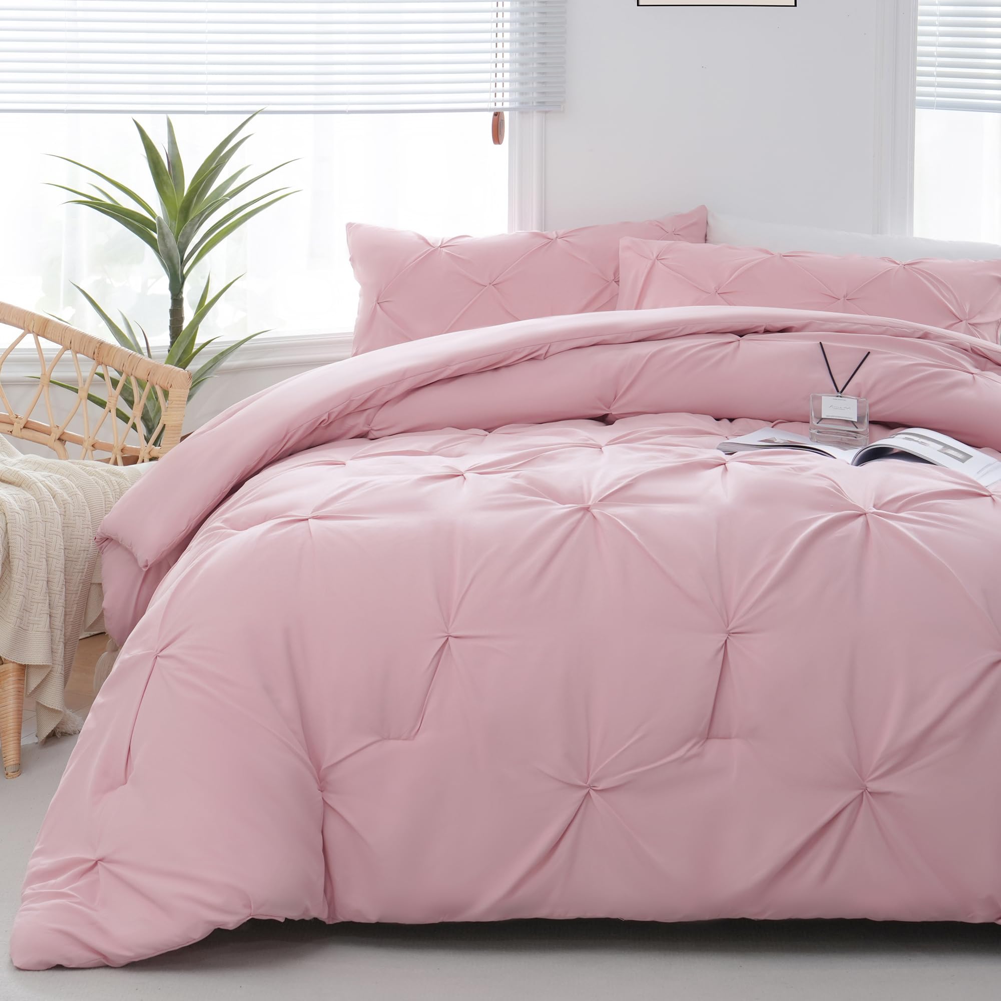 Downcool King Size Comforter Set - 3 Pieces Cute Pintuck Bedding Comforter Sets, Soft Fluffy Pink Comforter King Size, All Seaso