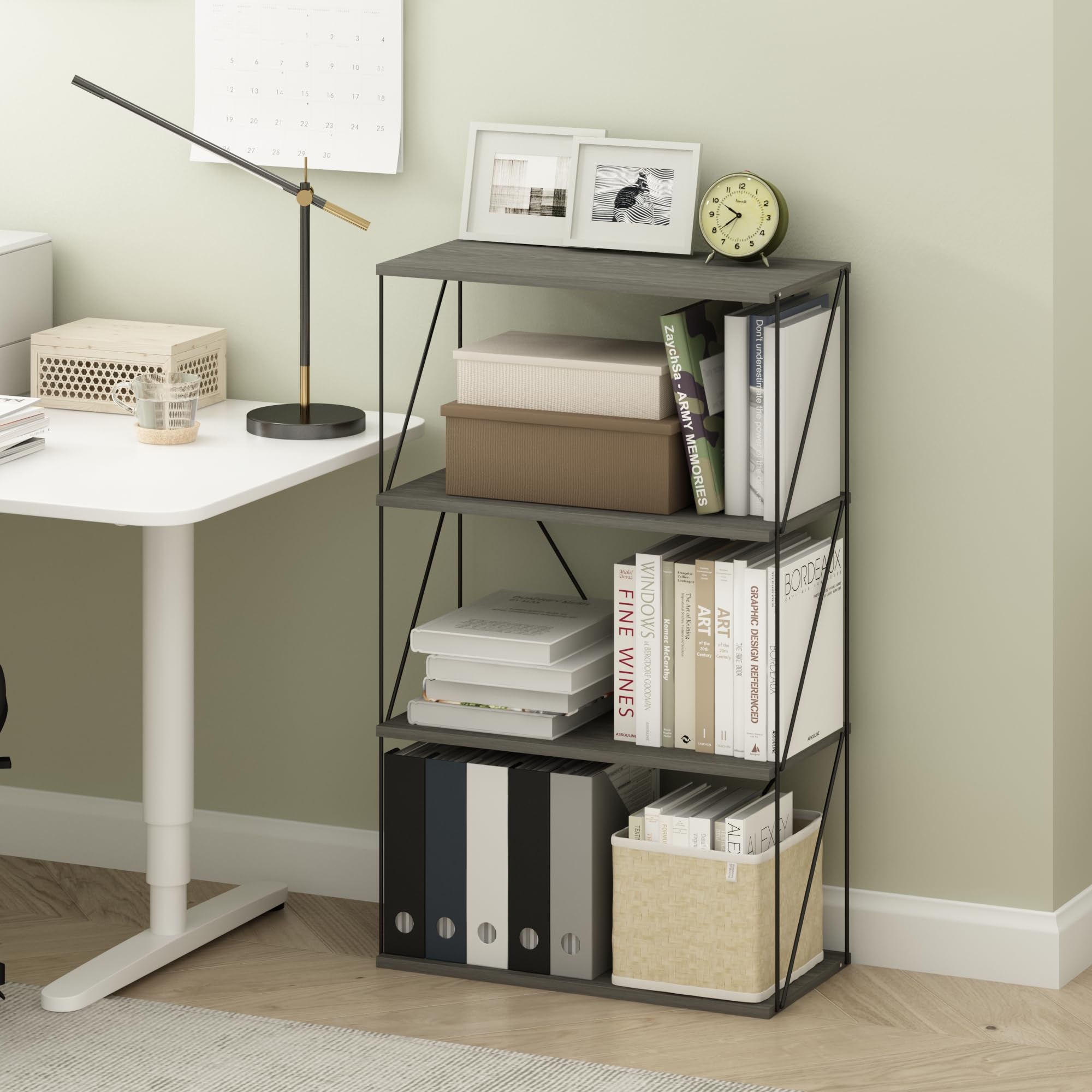 Furinno Rata 4-Tier Industrial Multipurpose Flat Base Shelf Display Rack with Metal Frame, French Oak Grey