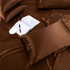 Treely 6 Piece Satin Sheets Full Size Silky Smooth Brown Satin Sheet Set With Deep Pocket, Satin Fitted Sheet, Flat Sheet, 4 Sat
