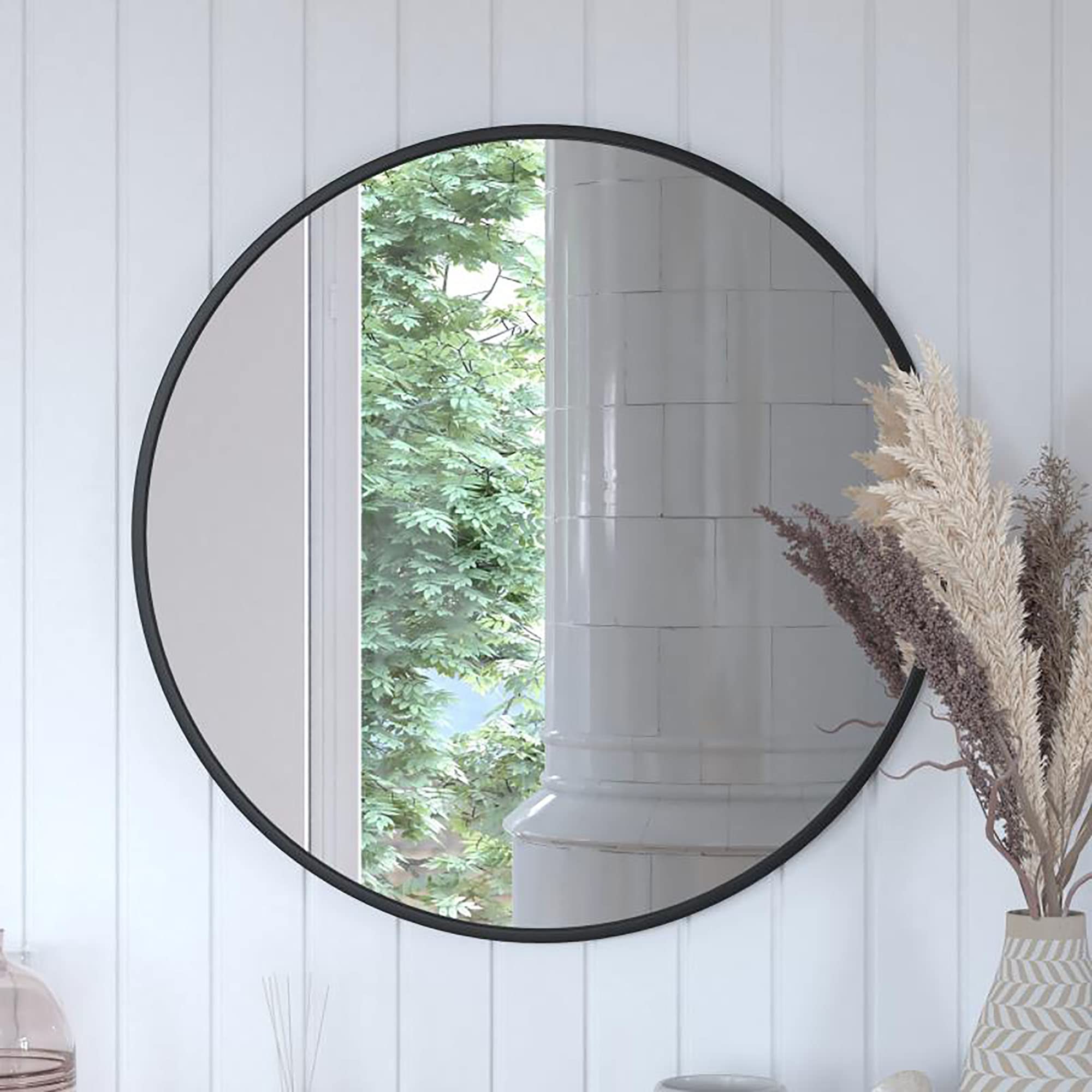 Flash Furniture Julianne Large Round Wall Mirror - Black Circle Accent Mirror - 30&quot; Vanity Mirror - For Bathroom, Vanity, Entryway, Dining Room, & Living Room