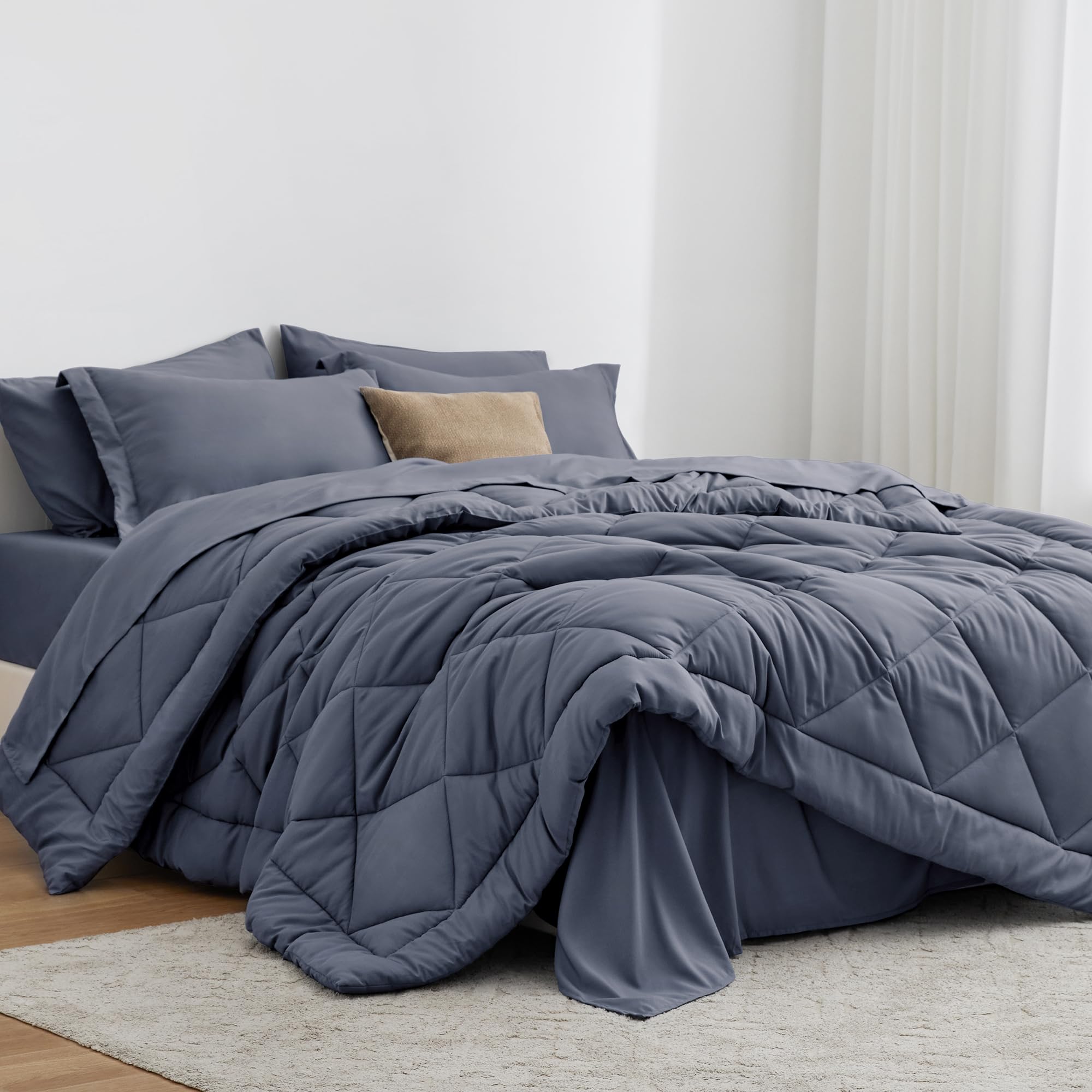 Love'S Cabin Full Comforter Set Navy Blue, 7 Pieces Full Bed In A Bag, All Season Full Bedding Sets With 1 Comforter, 1 Flat She