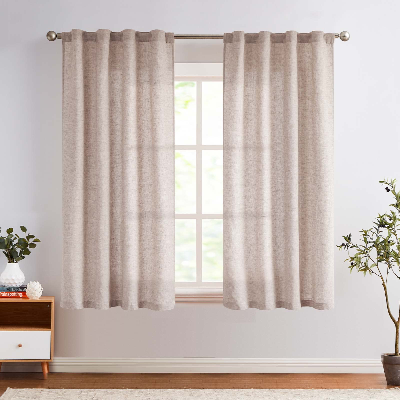 Jinchan Linen Blend Curtains 63 Inches Length For Living Room Farmhouse Rod Pocket Back Tab Light Filtering Window Drapes For Bedroom Curtains Taupe 2 Panels