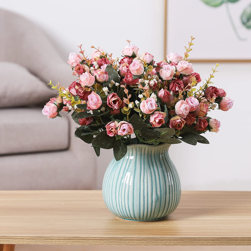 Duovlo 7 Branch 21 Heads Artificial Flowers Bouquet Mini Rose Wedding Home Office Decor,Pack Of 2 (2 Pcs Pink)
