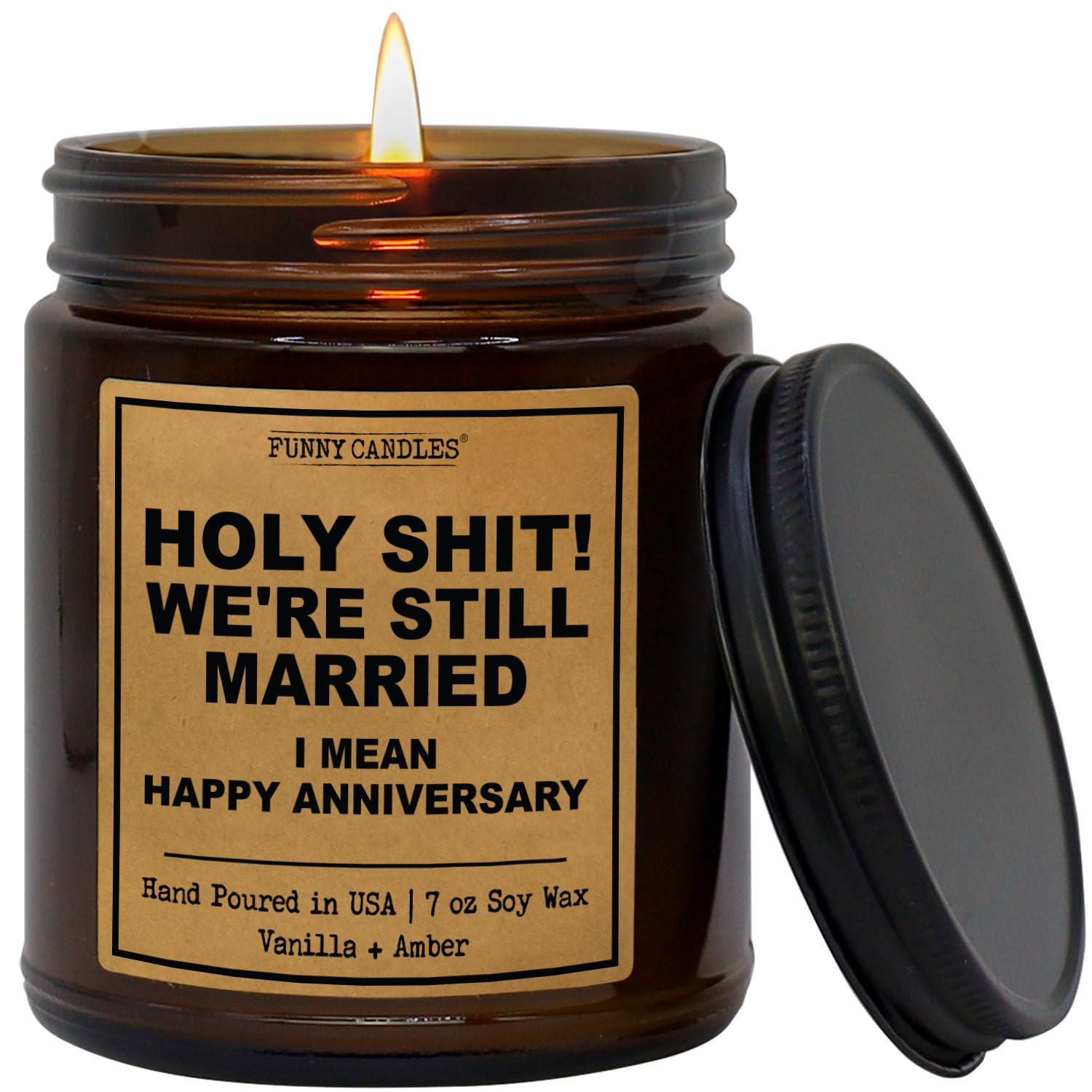 Funny Candles Holy Shit! We're Still Married Anniversary Candle Gift | Vanilla, Amber, Sandalwood Scented Candle for Home | 9oz 