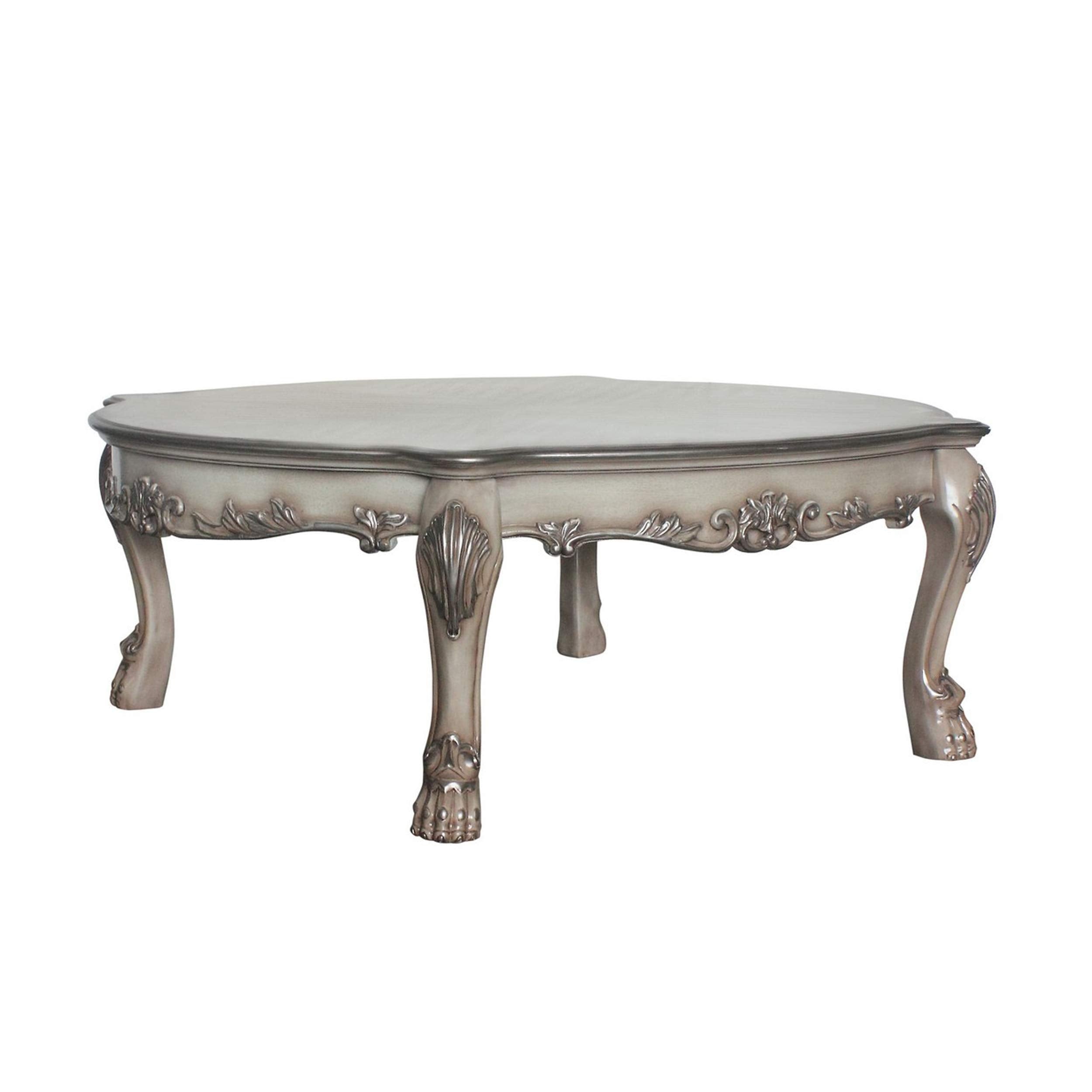 Benjara Scalloped Top Wooden Coffee Table With Claw Legs Support, Silver