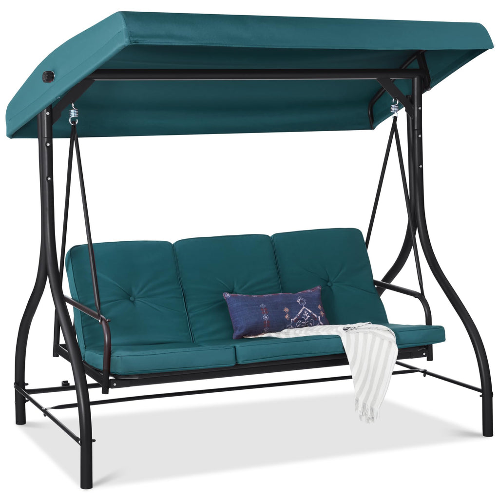 Best Choice Products 3-Seat Outdoor Large Converting Canopy Swing Glider, Patio Hammock Lounge Chair For Porch, Backyard W/Flatbed, Adjustable Shade, Removable Cushions - Peacock