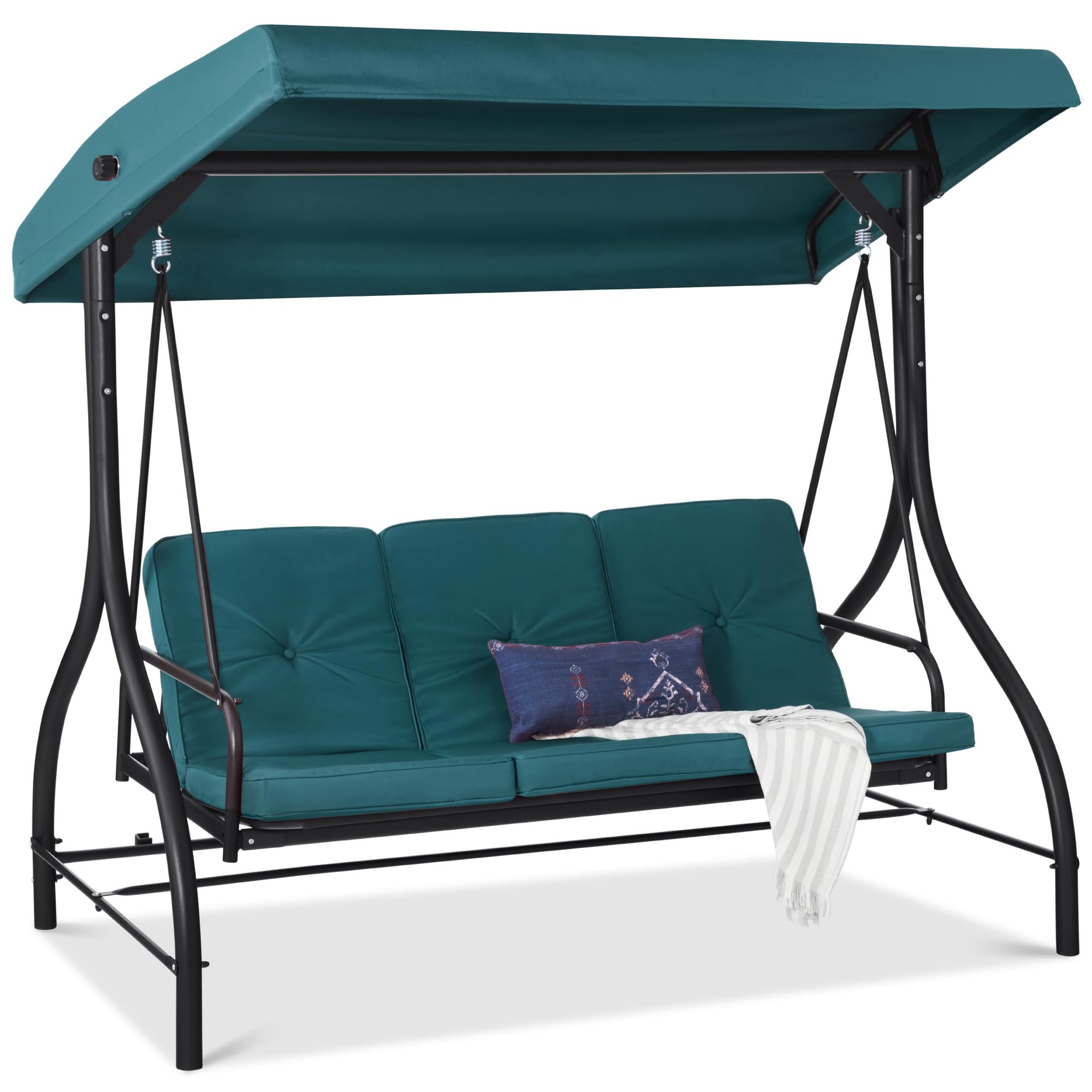 Best Choice Products 3-Seat Outdoor Large Converting Canopy Swing Glider, Patio Hammock Lounge Chair For Porch, Backyard W/Flatbed, Adjustable Shade, Removable Cushions - Peacock