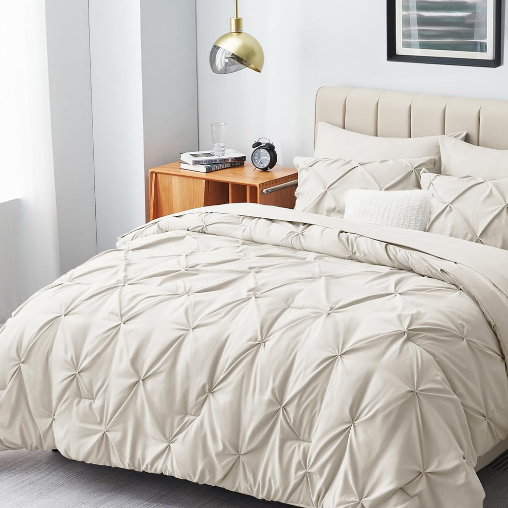 HIMEET King Size Bedding Sets 7 Pieces King Bedding Set Pintuck King Size Comforter Set Pinch Pleat Beige