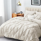 HIMEET King Size Bedding Sets 7 Pieces King Bedding Set Pintuck King Size Comforter Set Pinch Pleat Beige