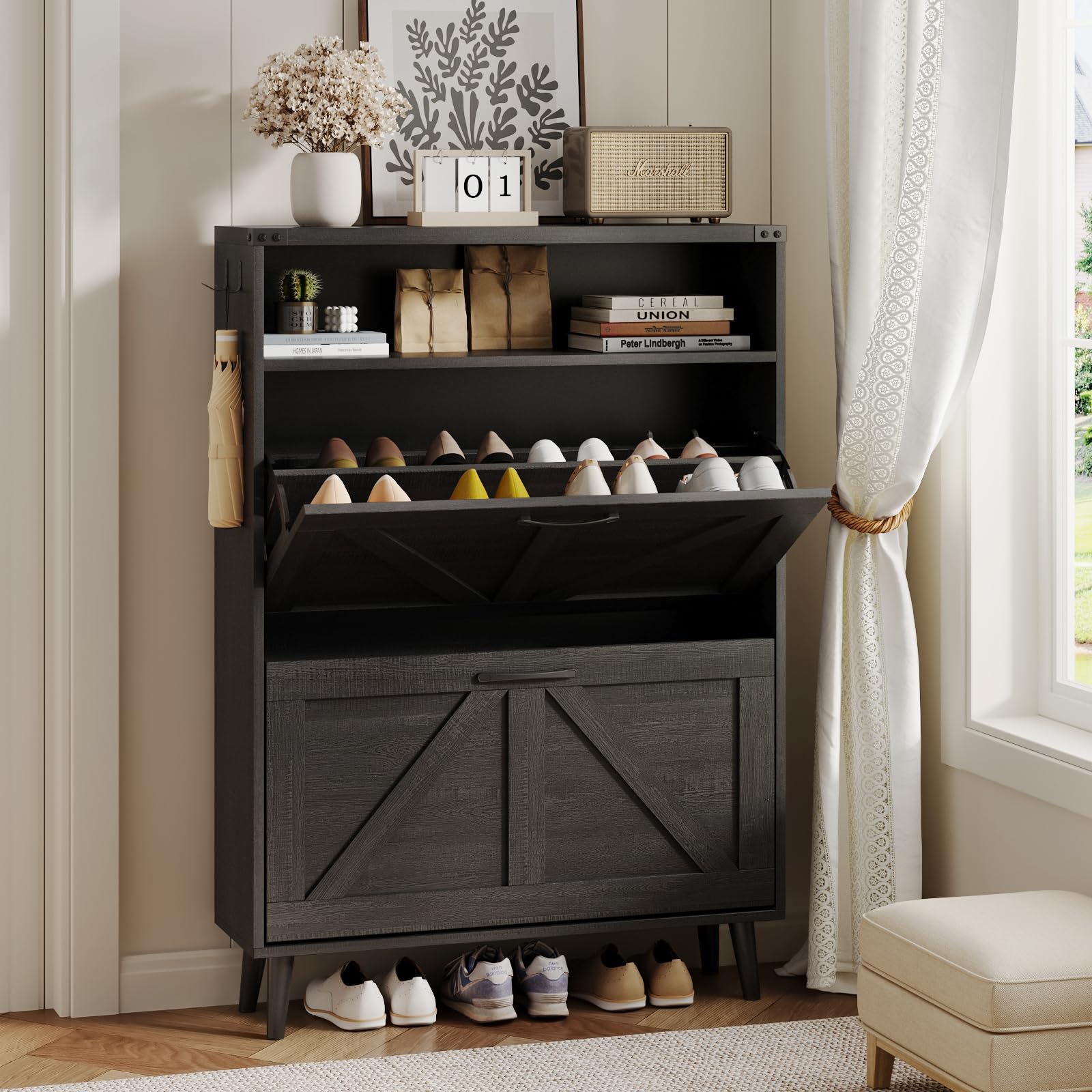 Shoe Cabinet with 2 Flip Drawers,Shoe Storage Cabinet for Entryway,Freestanding Shoe Cabinet Organizer with Open Storage,Narrow 