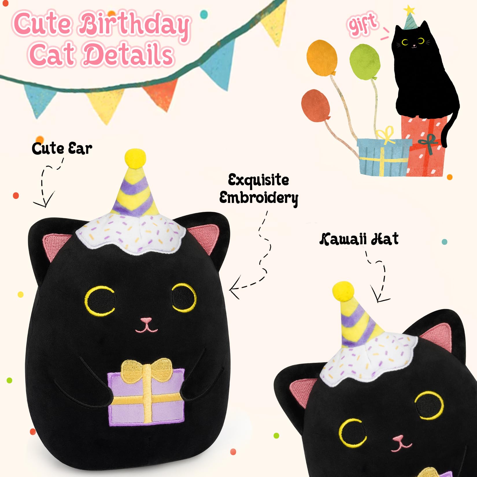 Leokawin Black Cat Plush,8In Birthday Stuffed Animal Cat Plush, Happy Birthday Black Cat Plush Pillow, Soft Cute Cat Plush Birth