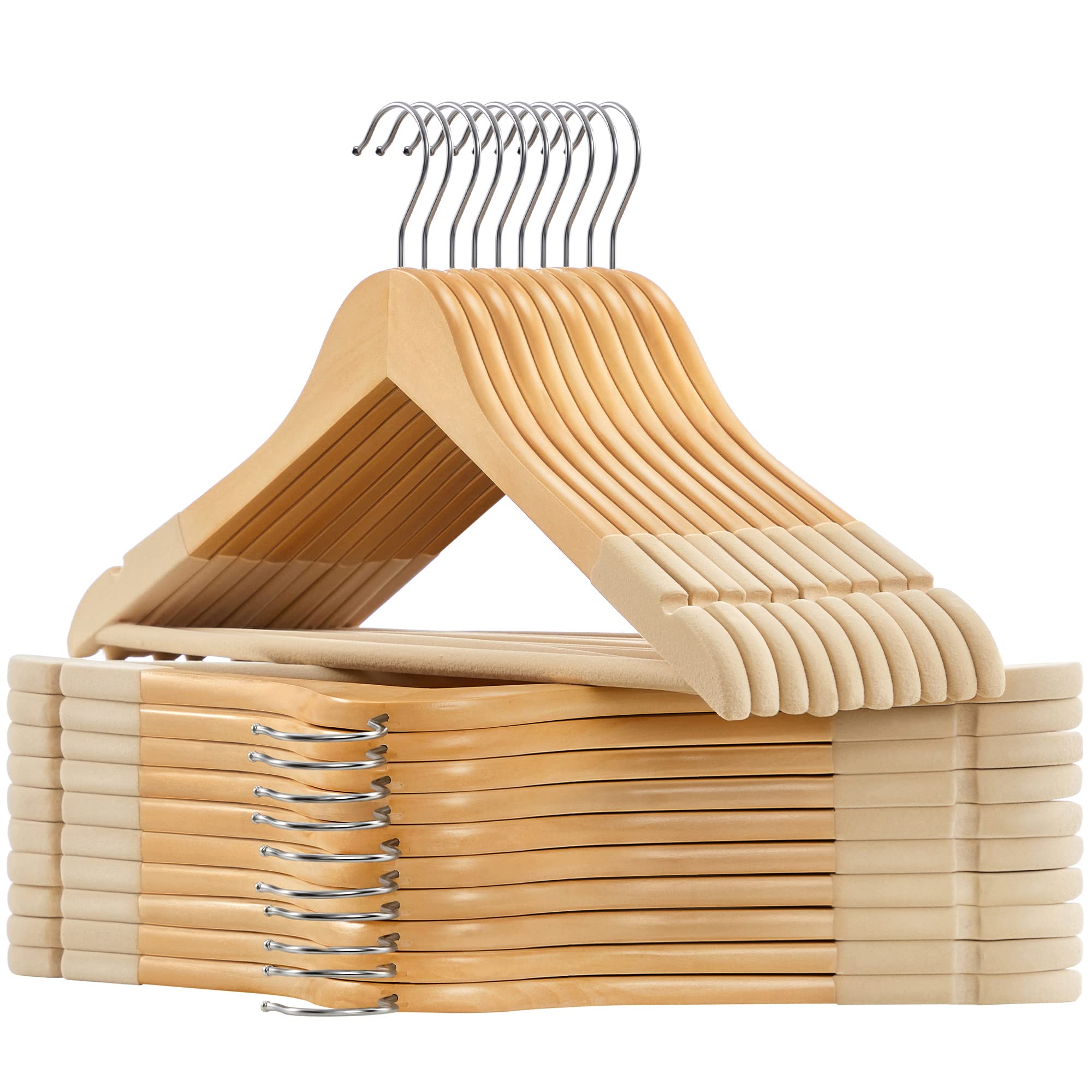 SONGMICS Velvet Wooden Hangers, Set of 20 Wooden Hangers with Velvet Surface, Non-Slip Coat Hangers with Shoulder Grooves, Pants