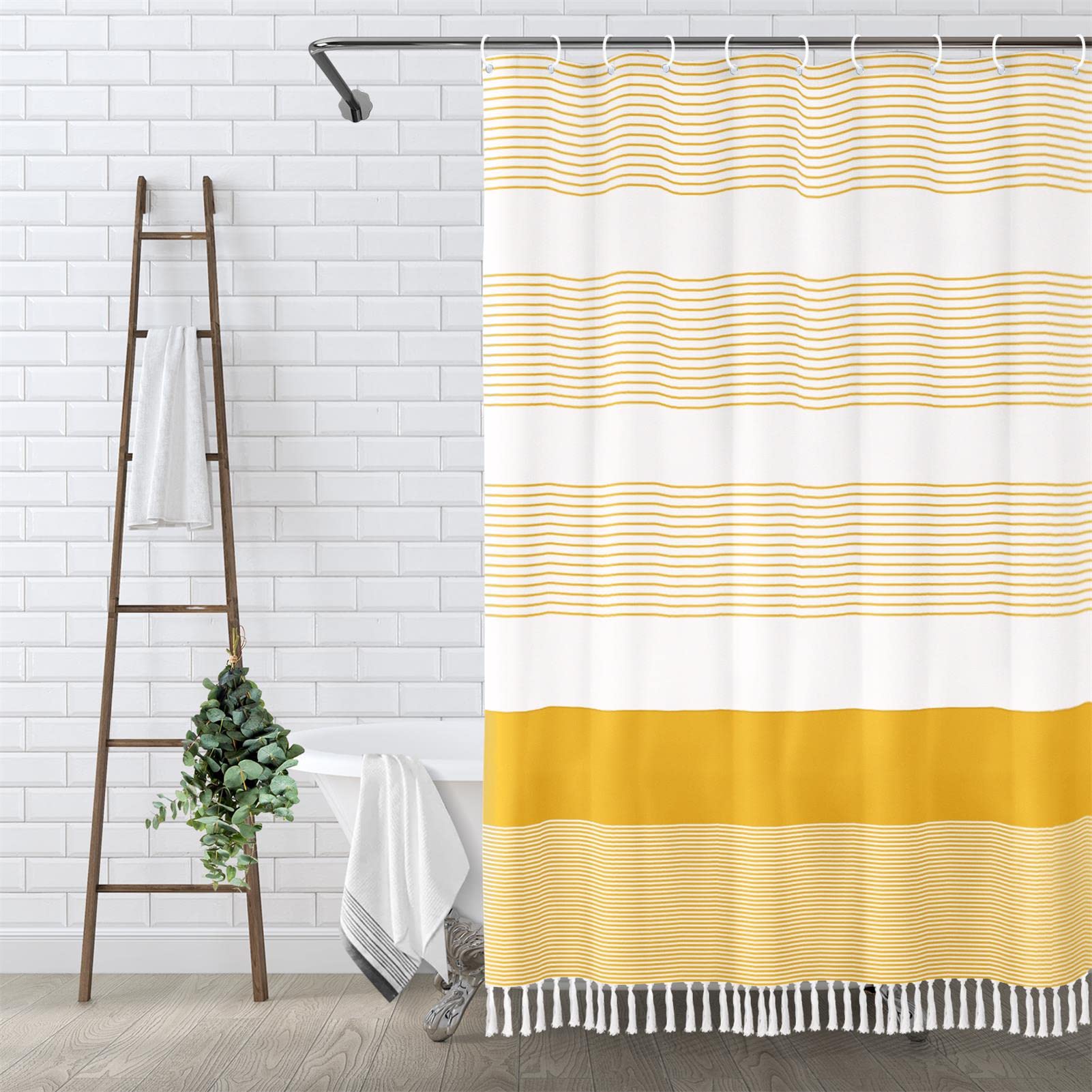 Awellife Boho Yellow Shower Curtain For Bathroom Farmhouse Natural Linen Stripe Tassel Shower Curtain (Yellow, 72' L X 48' W)