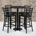 Flash Furniture Jamie 30'' Round Black Laminate Table Set with Round Base and 4 Ladder Back Metal Barstools - Black Vinyl Seat