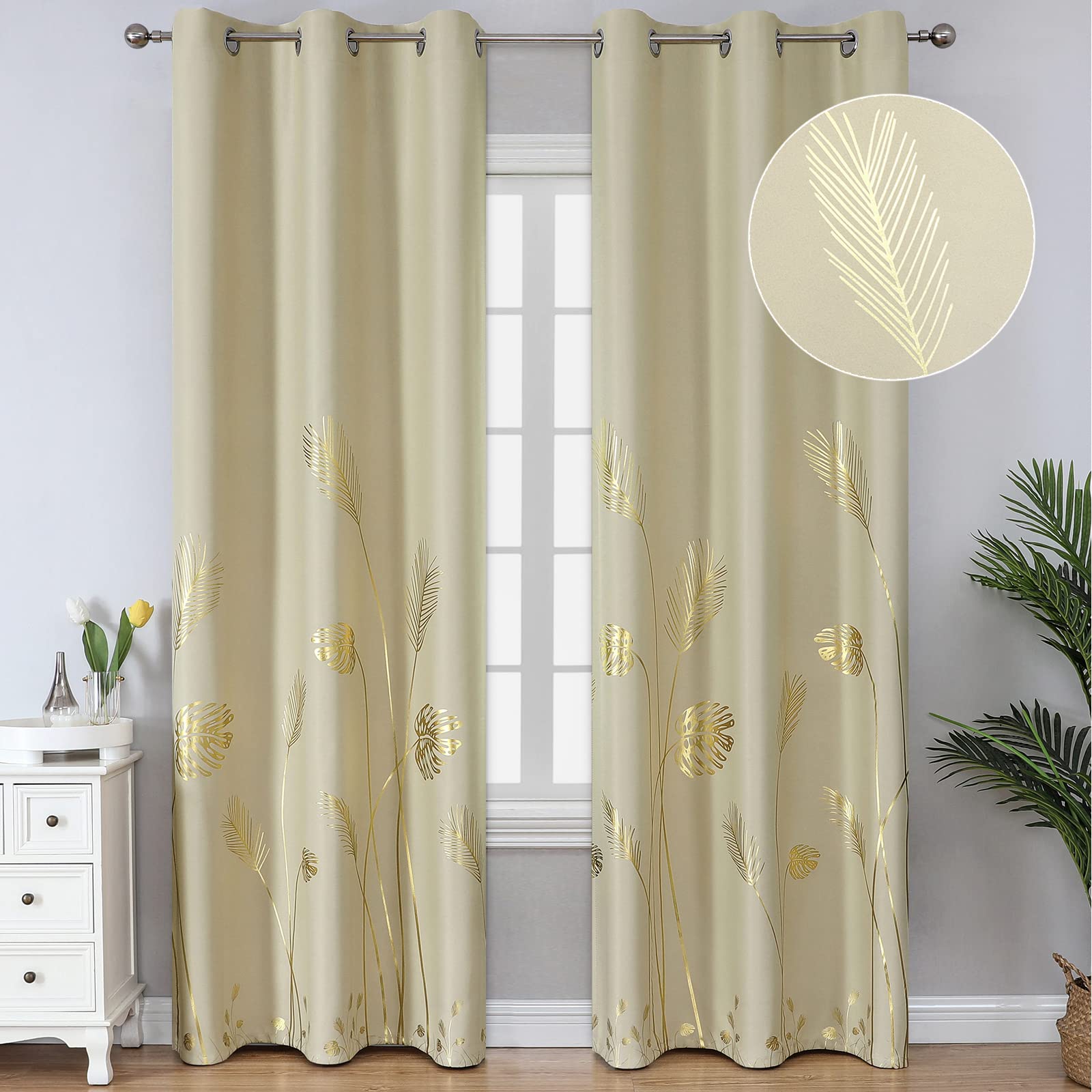 Estelar Textiler Elegant Natural Palm Leaf And Wheat Blackout Curtains Sunlight Blocking Noise Reducing Curtains Shades Thermal