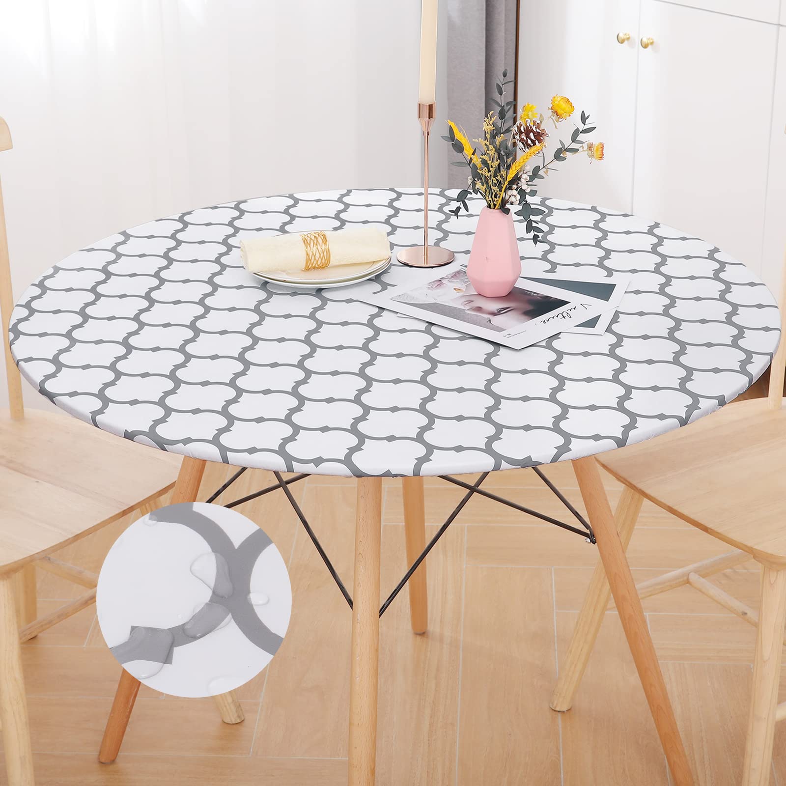Smiry Round Picnic Tablecloth, Waterproof Elastic Fitted Table Covers For 57' - 68' Tables, Wipeable Flannel Backed Vinyl Tablecloths For Camping, Indoor, Outdoor, White & Dark Grey