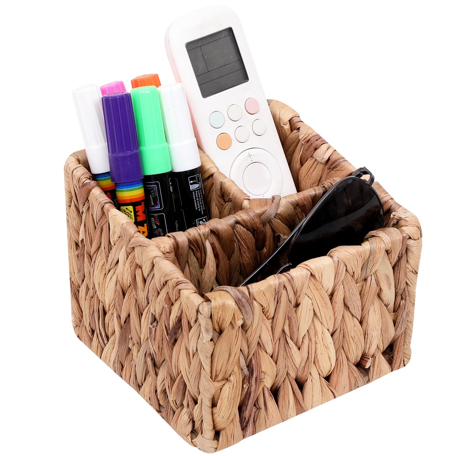 LYDWOO8D Remote Control Holder Wicker Desk Organizer Divided Storage Basket,Hand Woven Cosmetic Storage Box with 3 Compartments,