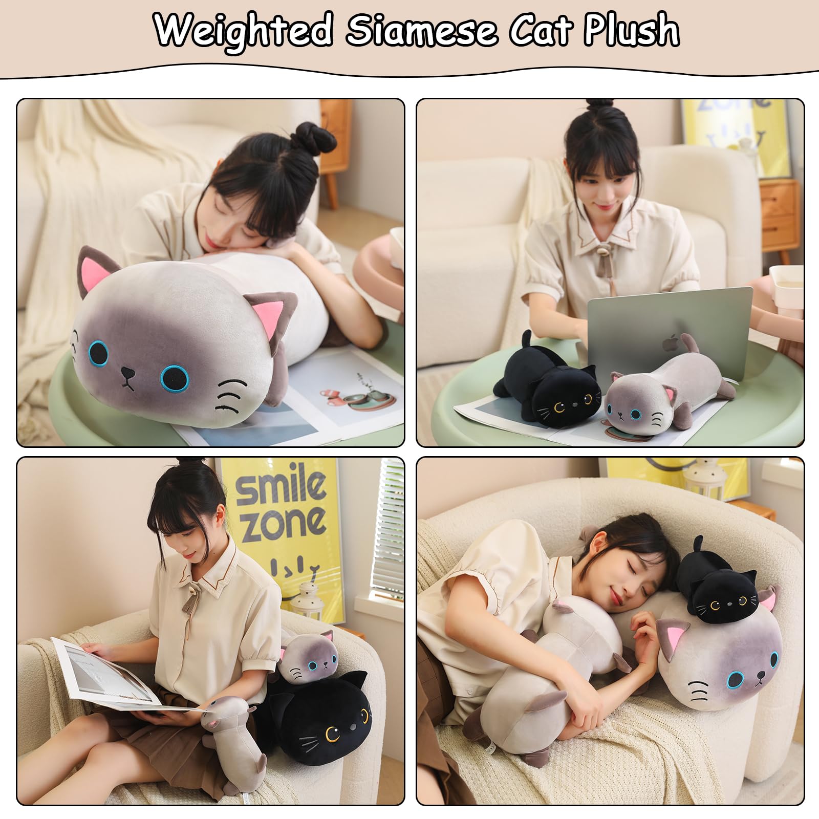 Sqeqe Weighted Siamese Cat Plush, Weighted Siamese Cat Stuffed Animal For Anxiety, Cute Siamese Cat Plushies Soft Siamese Cat Pi